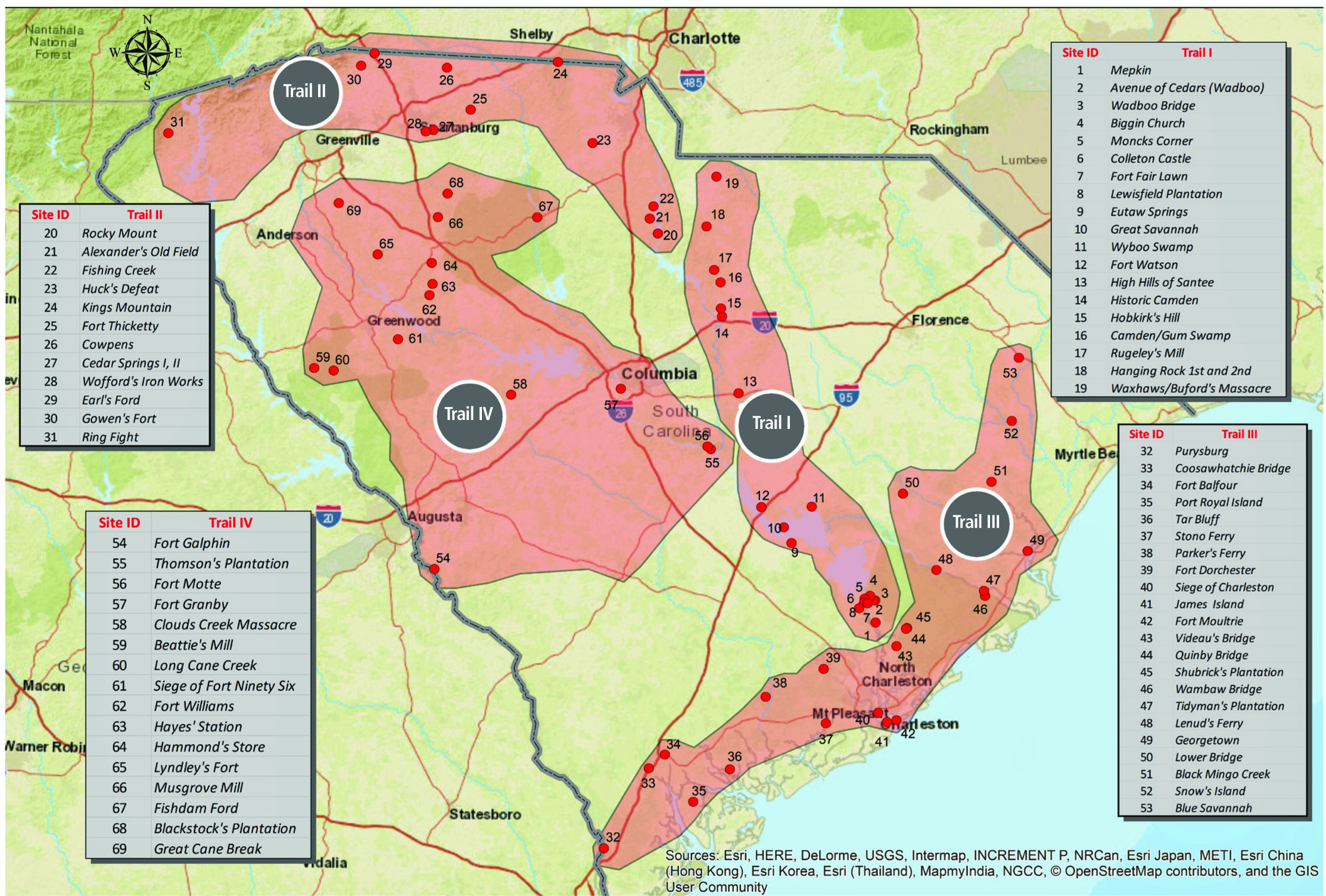 The Liberty Trail map represents the Revolutionary War battle sites in South Carolina that the SC Battleground Trust and the American Battlefield Trust aspire to preserve, interpret, and open to the public. Some of the sites are preserved by the National Park Service and the State of South Carolina.