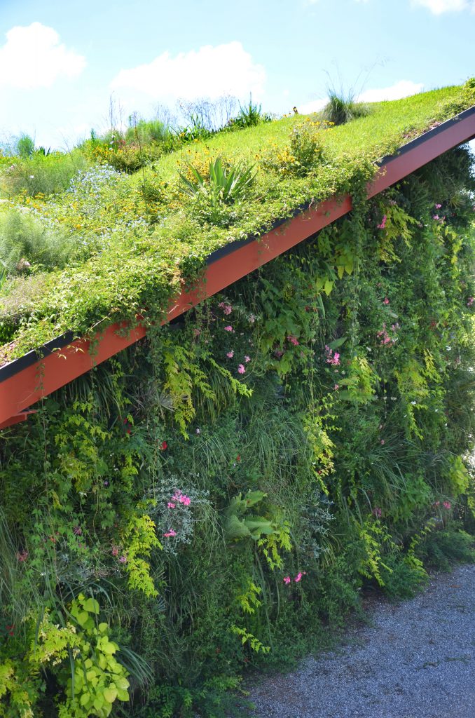 Moore Farms Botanical Garden’s maintenance facility features a green roof and living wall. 
