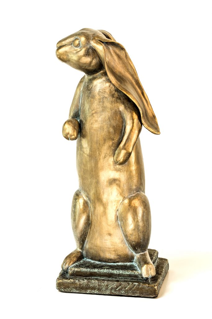  Pat calls her clay rabbit with a faux patina “Did You Hear That?”