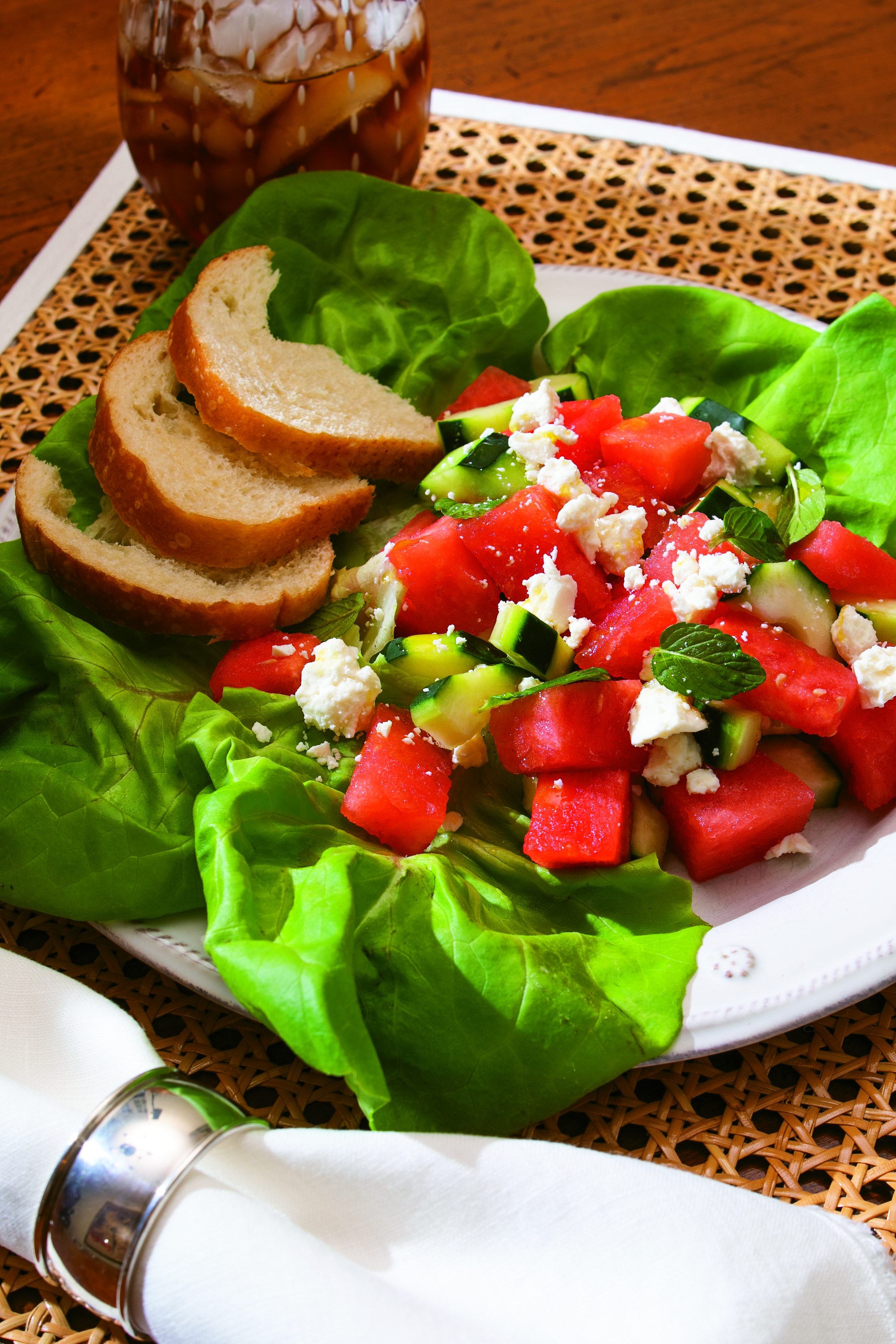 Watermelon and cucumber salad is the answer on a hot, humid afternoon. Place on a few leaves of garden lettuce, scatter some feta crumbles, and enjoy. 