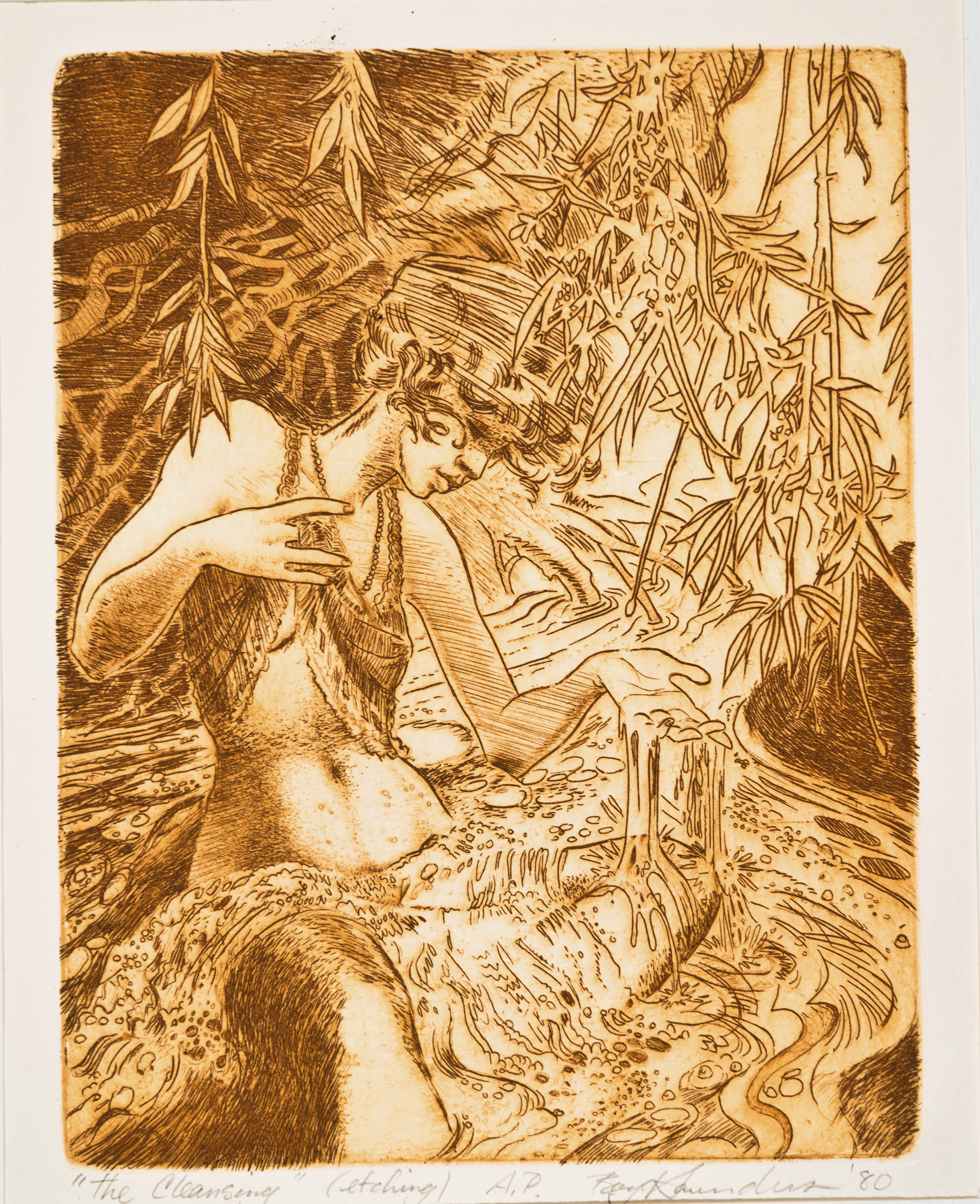 The Cleansing, etching, 7 × 5 1/2 inches. From 2002 – 2004, Boyd created eight black and white etchings to capture the main characters and story of The Sound and the Fury by William Faulkner. Here, Caddy Compton sits in the stream she once played in as a child to undergo a ritualistic cleansing following her numerous affairs. 
Used with permission from A View from the South: The Narrative Art of Boyd Saunders by Thomas Dewey II and published by the University of South Carolina Press © 2019, University of South Carolina, Columbia.