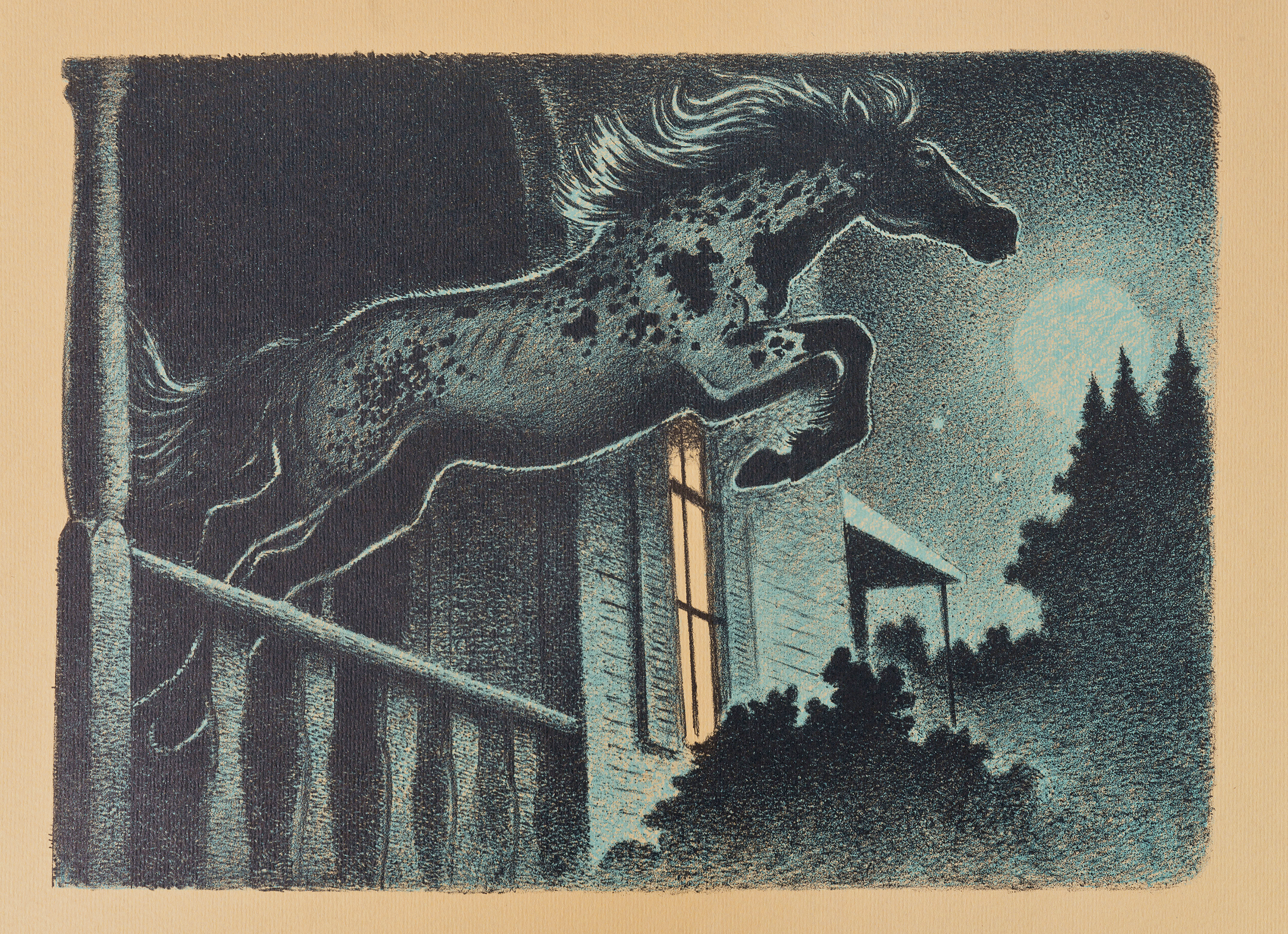 “Hobgoblin Horse,” lithograph. This image is from the USC Press’ limited edition of “Spotted Horses” by William Faulkner and depicts the horse that ran into Mrs. Littlejohn’s house following the mustang escape from the auction lot. The text says, “The horse whirled around without breaking or pausing. It galloped to the end of the veranda and took the railing and soared outward, hobgoblin and floating, in the moon.”
Used with permission from A View from the South: The Narrative Art of Boyd Saunders by Thomas Dewey II and published by the University of South Carolina Press © 2019, University of South Carolina, Columbia.