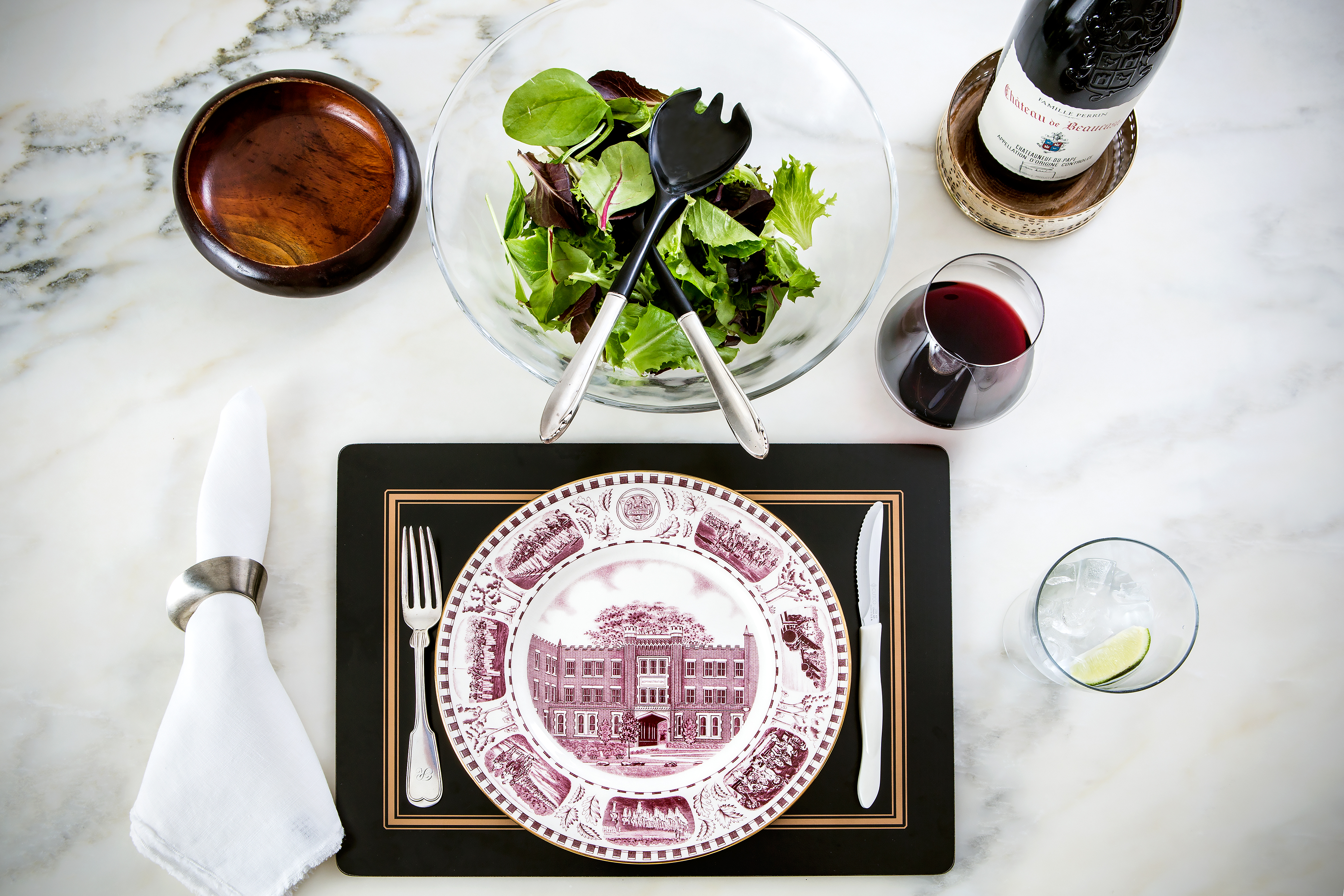 Serve your steak dinner on an Old English Staffordshire plate, easily paired with red wine in a Riedel stemless glass. Salad can be tossed tableside in a Juliska Carina bowl, non(e)such.
