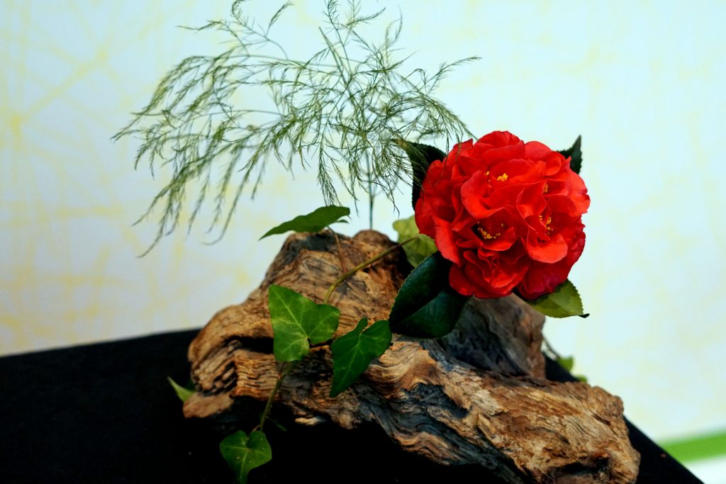 Chabana is a centuries old style, not a school, with ties to the tea ceremony. “Chabana J Spence” embodies utter simplicity and minimal use of elements. The arranger is John Spence, past president of the Columbia chapter of Ikebana International Chapter 182.

