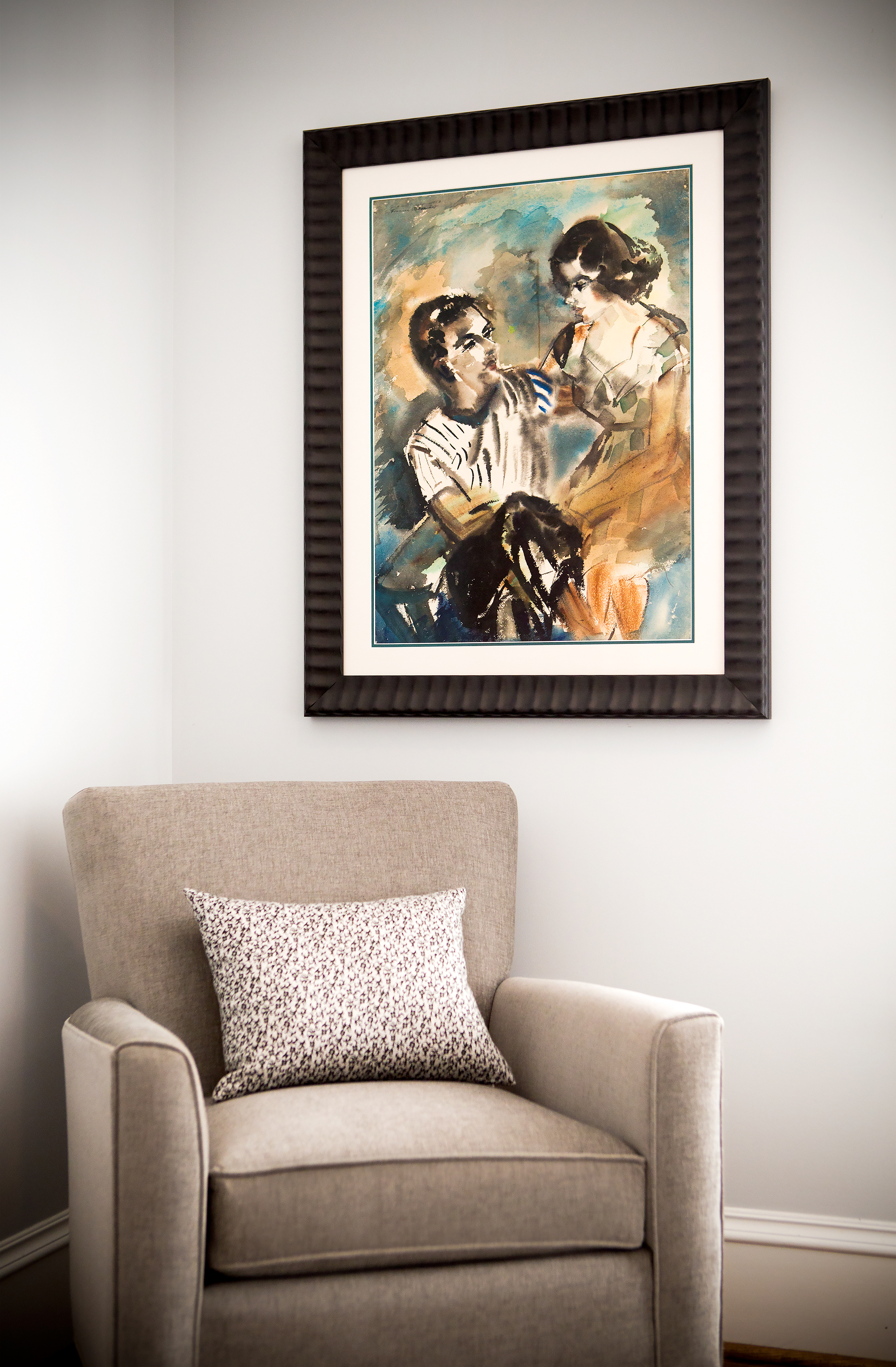 Brenda Bowen’s father, Jack Bowen, has a bedroom on the ground floor for those spontaneous overnights. Hanging above his personal chair is a very special pastel painting of Brenda’s parents when they were dating — Carolyn, age 22, and Jack, age 27. The portrait was done by her great-aunt Frances Alexander. 