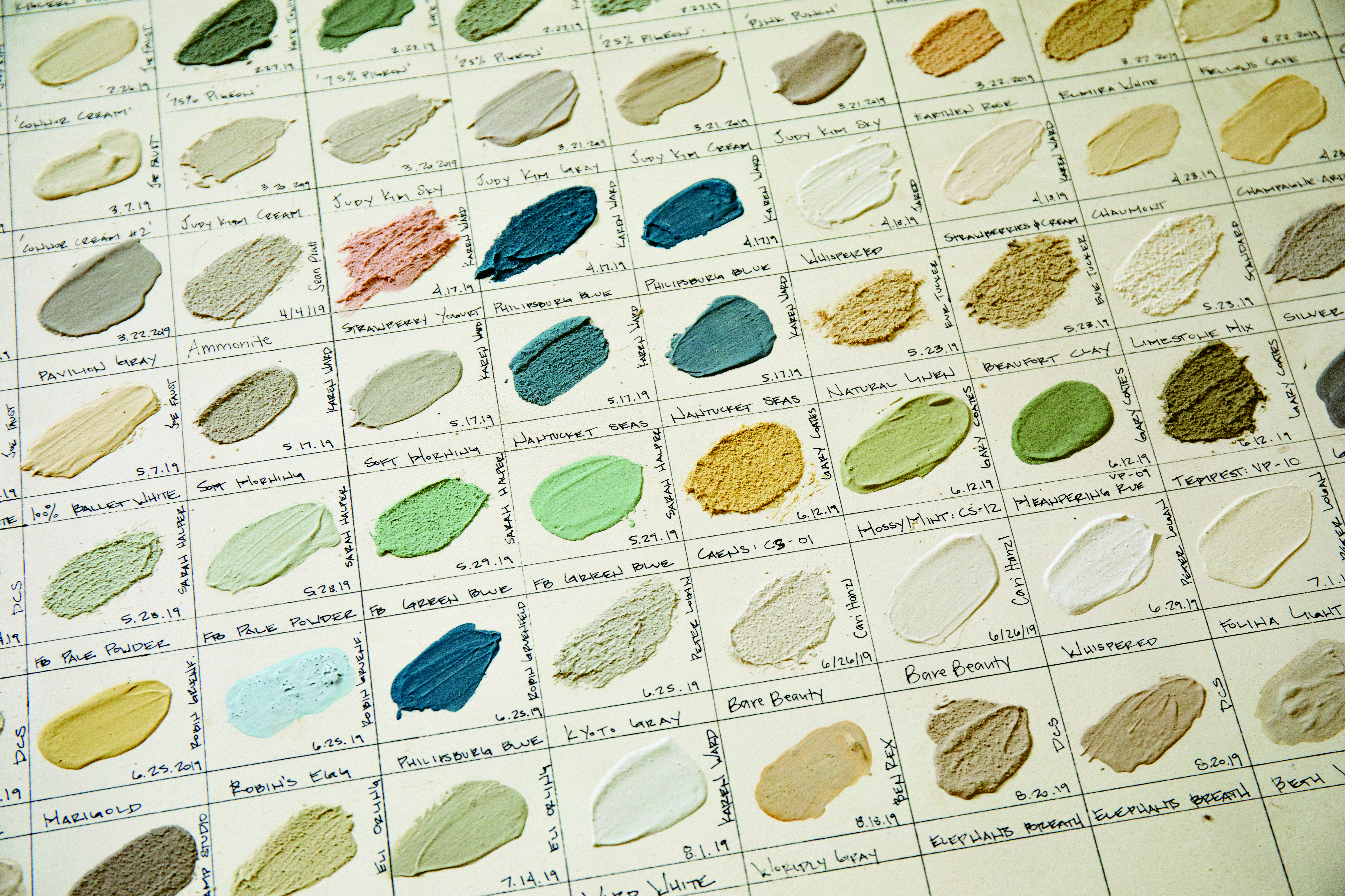 Much of Master of Plaster’s work exists in the realm of color creation and formulation of specific hues in its plasters. All finalized colors are catalogued on the master color board before shipping out the plaster. 