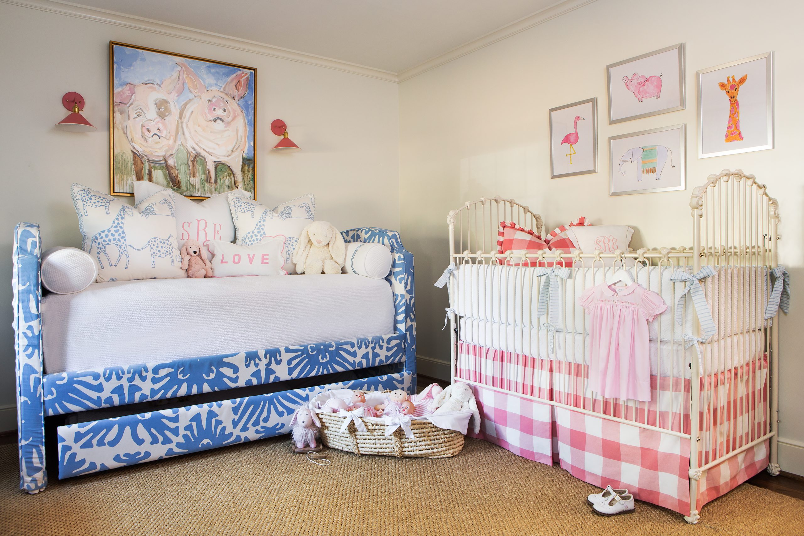 Sarah and Mike Rama had baby Salley just 15 months after their son. Careful planning from the onset made the transition easy and inexpensive. Sarah transformed the nursery into a room for her daughter by changing the custom pillows and adding a few dabs of pink highlighted by a plaid dust skirt on a new crib. 