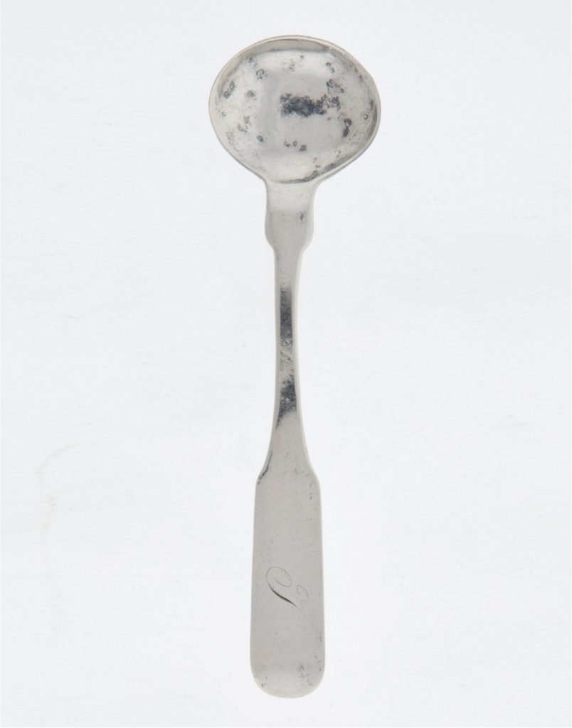 Bouillon Spoon, circa 1830, William Gregg (silversmith). This small soup spoon made by William Gregg is engraved with a “T” on the handle. It belonged to Waddy Thompson (1769-1845), a prominent judge from Greenville, who served as the first chancellor of South Carolina. Thompson was also a trustee for South Carolina College (now USC) from 1805-1828, and his grandson Hugh Smith Thompson served as governor of the state from 1882-1886. Photography Courtesy of McKissick Museum, University of South Carolina.