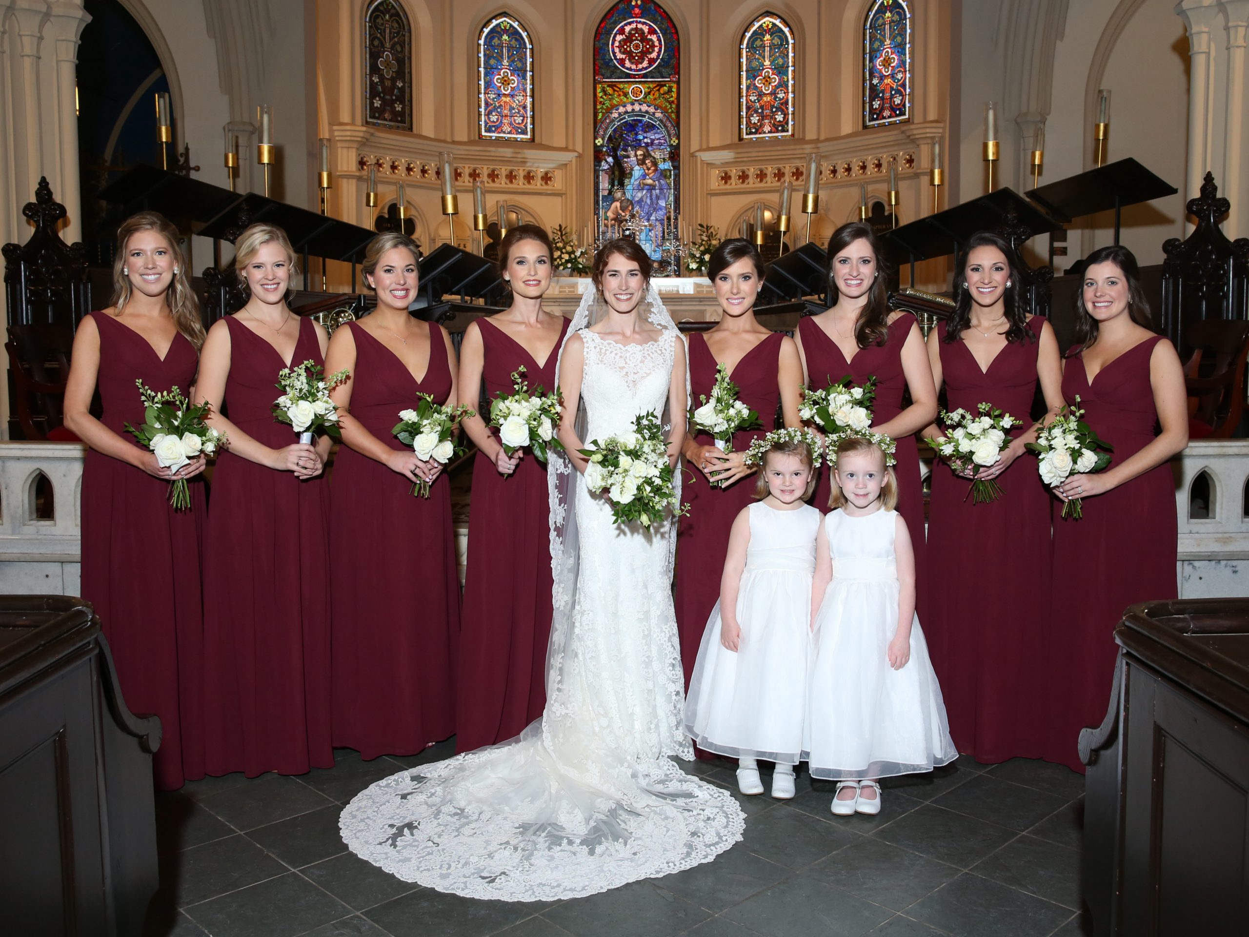 The bridal party included Claire Holt, Sammy Cavanaugh, Lucy Boyle, Emily Welling, Caroline Welling Jones, Mary Louise Jones, Rebecca Givens, Rachel Postal, and Claire Strasburger. Children of the bride’s cousins from Alabama, Anna Wells Wallace and Murphy Parker, served as flower girls. 