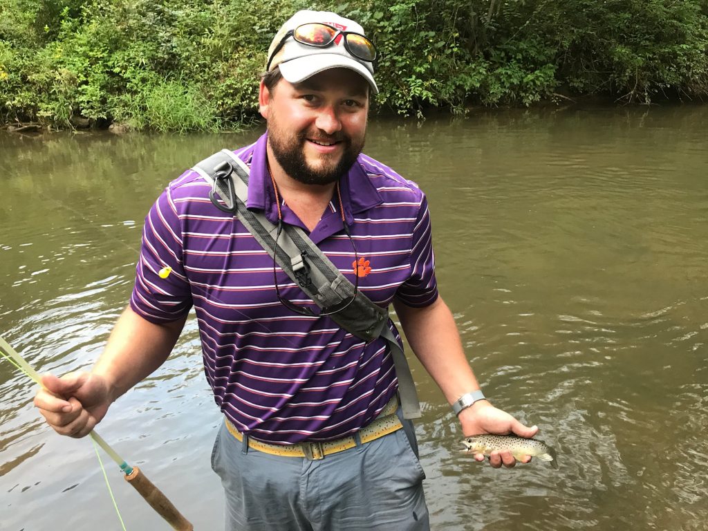 After a noon Clemson game, Sam Crews spent the rest of the day fishing for brown trout while camping in Oconee State Park with Mary Margaret, his wife.  
