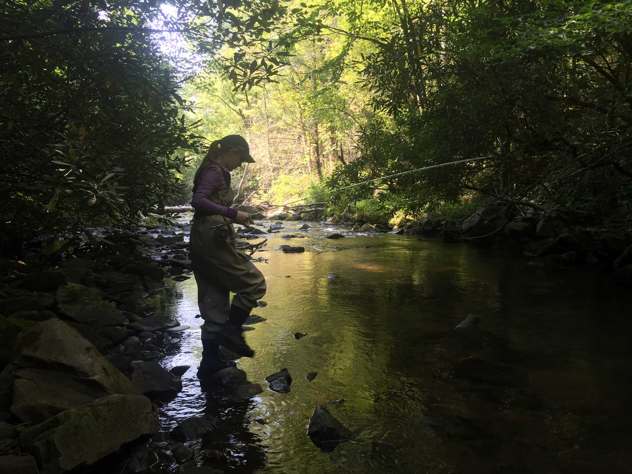 Mary Margaret stalks the wild rainbows after a two-mile hike outside Bryson City, North Carolina. 