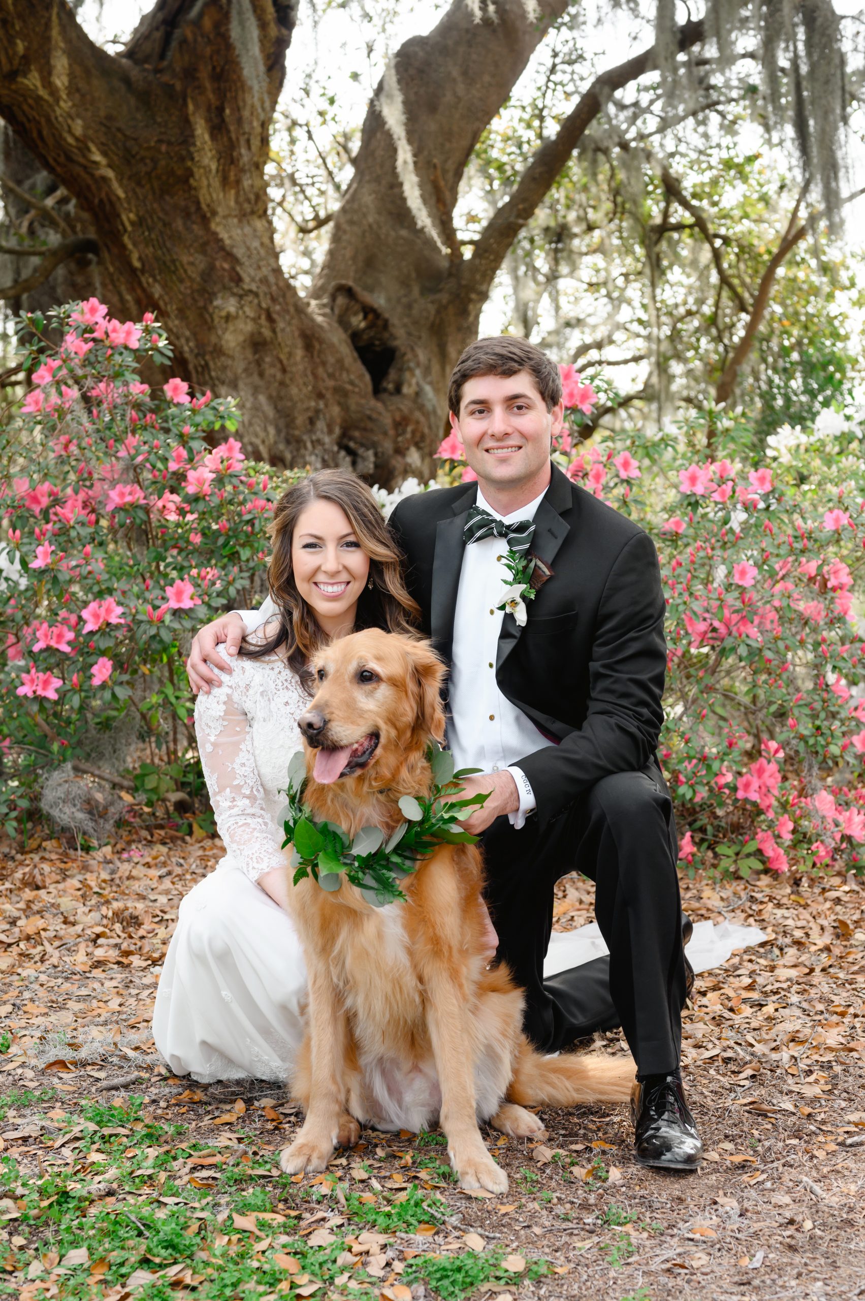 The March 14 wedding venue for Kristy Greenfield and Guy Castles was the lovely Boone Hall Plantation in Charleston. In attendance was Kristy’s beloved dog, Dawson, who has been there since the beginning of their romance. The couple was fortunate to slip in a weeklong honeymoon to St. Lucia just before the COVID-19 shutdowns ensued. Photography by Priscilla Thomas Photography 