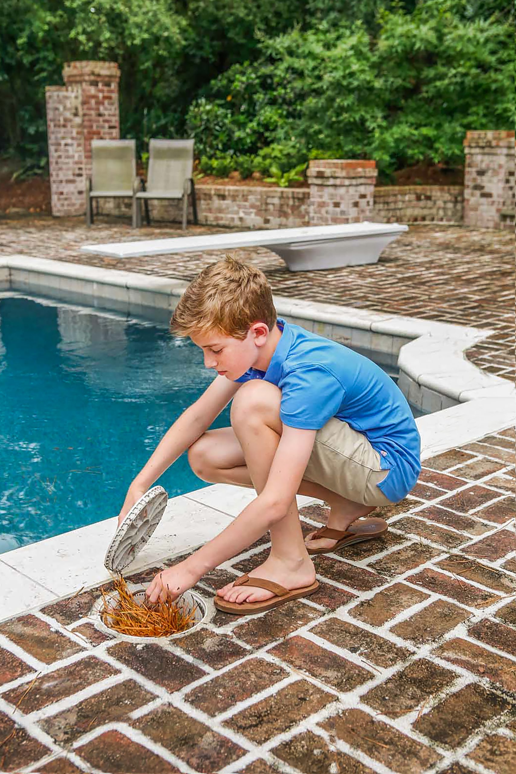 Even before the Cohns had their own pool, Tripp, 11, always loved to help “clean” a pool with the long brush or net. “He doesn’t always do it perfectly, but letting him help when he was little instilled a sense of responsibility in him that is incredibly helpful now that he is a pre-teen.” Brooke says. “I’m especially appreciative that he has taken on the responsibility of cleaning out the skimmer baskets, as I’m terrified of creepy crawlies! I think it makes him feel important to have a chore that he knows means so much to me.”