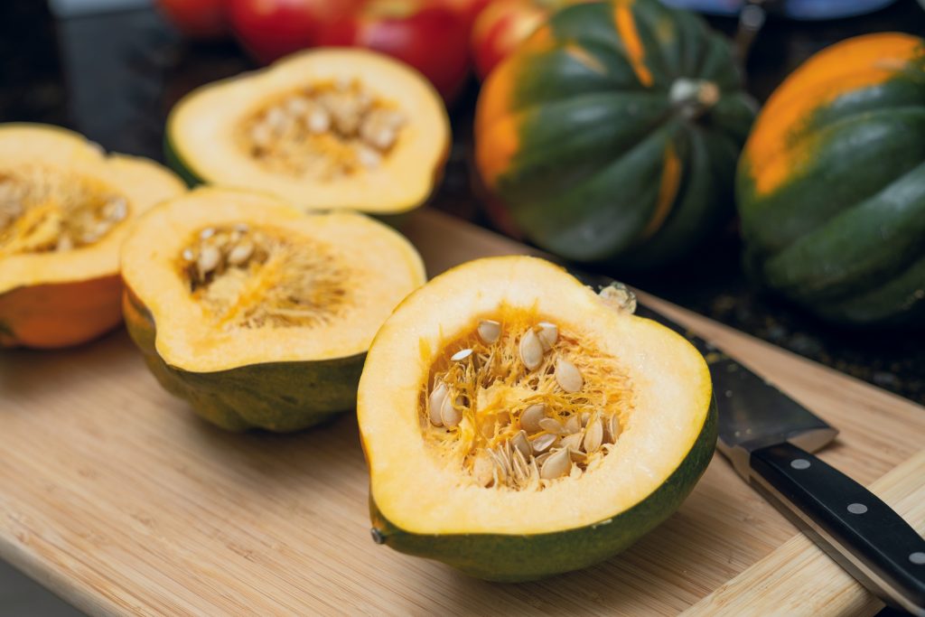 A large chef’s knife will provide control and precision when taking on the tough shell of a butternut or acorn squash. A minute or two in the microwave can help if the cutting is difficult. 