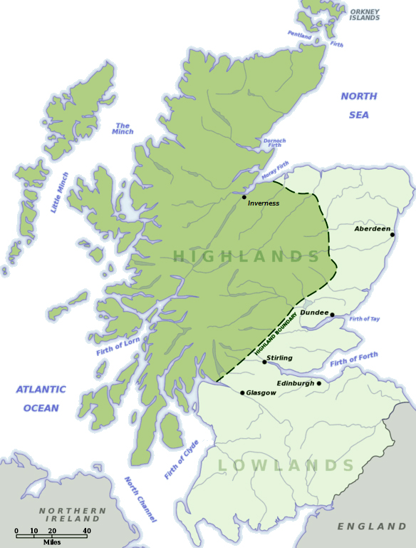 Scotland is the most mountainous region in the United Kingdom. Ranges separate the northern Highland Gaelic from the southern Lowland English speaking Scots. In the 1700s, while the American Colonies were still small and growing, many of the Highland and Lowland Scots along with Scots-Irish migrated to America for a variety of reasons.