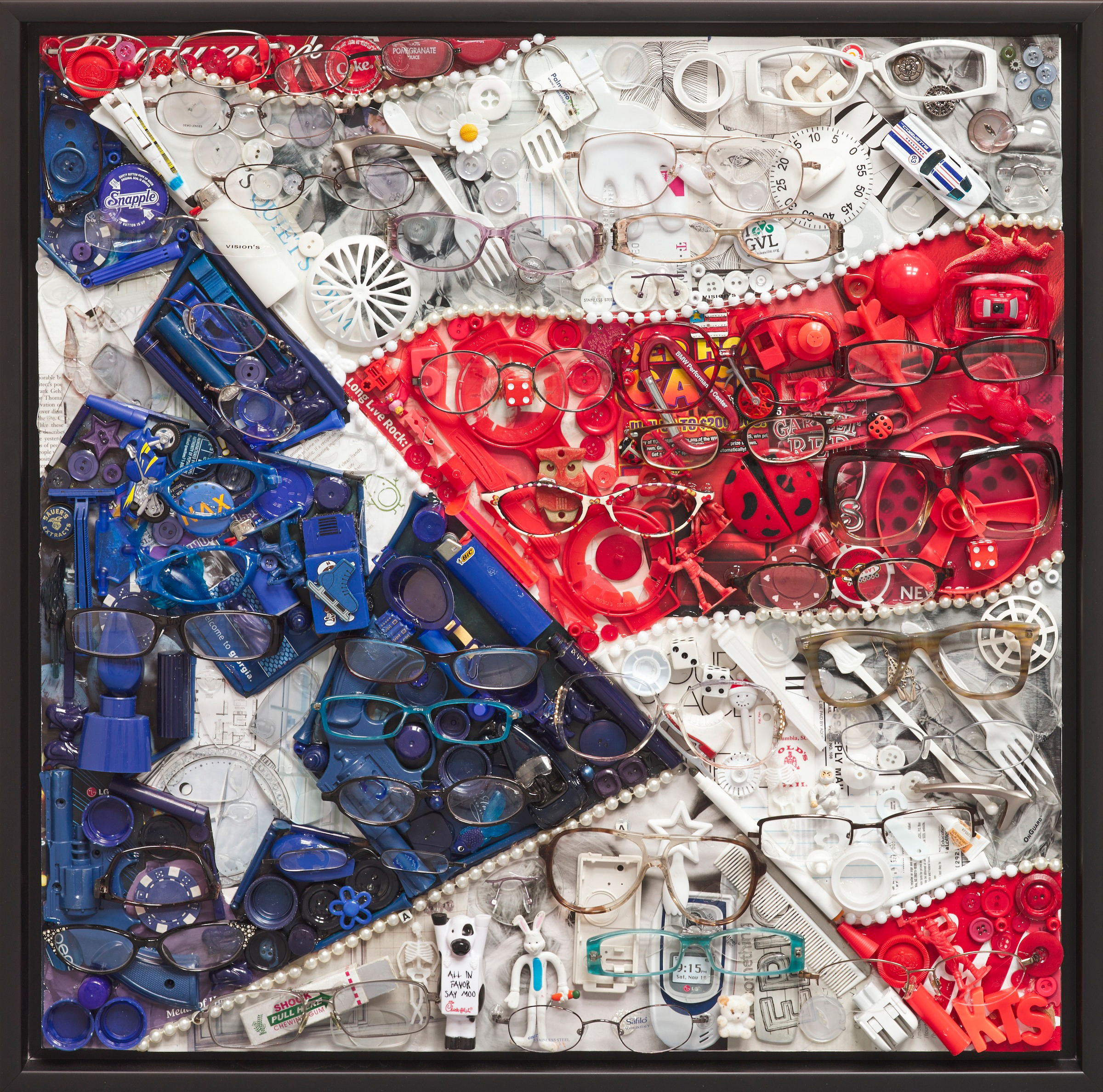 Vision for America, 2013. Unwanted eyewear collected from the public during one month at a local eyewear store served as the basis for this piece.