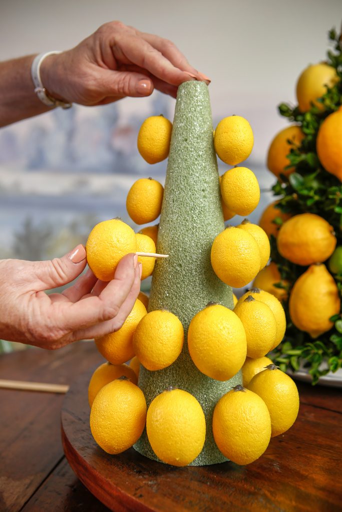 While holding the cone steady, begin at the bottom and push a skewer into the middle of the fruit, then into the Oasis. 
