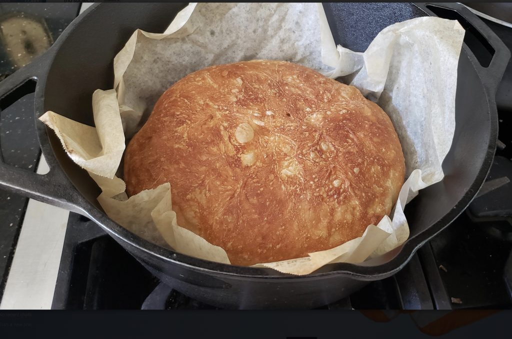Jim Lahey’s celebrated, no-knead boule requires little work but also demands time to rise, which recently, most people have had in surplus. The dough is cooked in a covered, enameled, cast-iron baker or a heavy, cast-iron pot. 