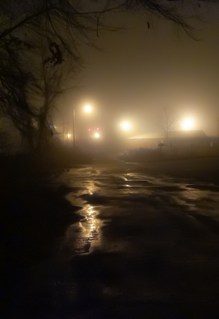 Street lights, fog, and rivers of reflections are objects for the imagination.
