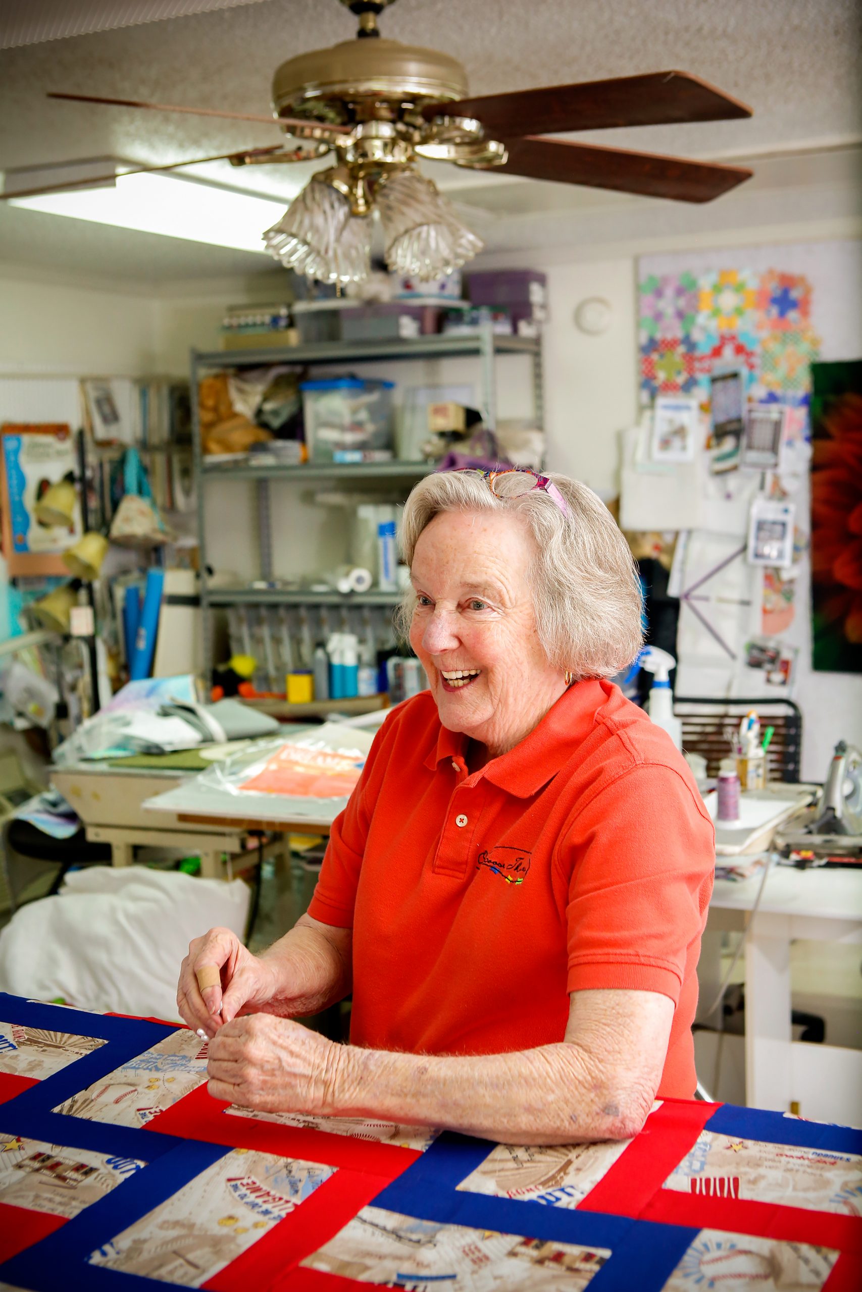 Joyce Greer sees quilting as a form of art. She has two long arm quilting machines, which assist in easily sewing quilt backing, batting, and tops together. 