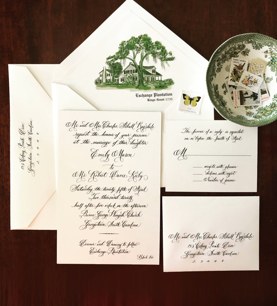 Emmy requested whites, greens, and a neutral color palette for her wedding, and artist Susan Albright’s custom designed toile was incorporated in tablecloths, napkins, pillows, curtains, matches, and a champagne bottle for toasting. 