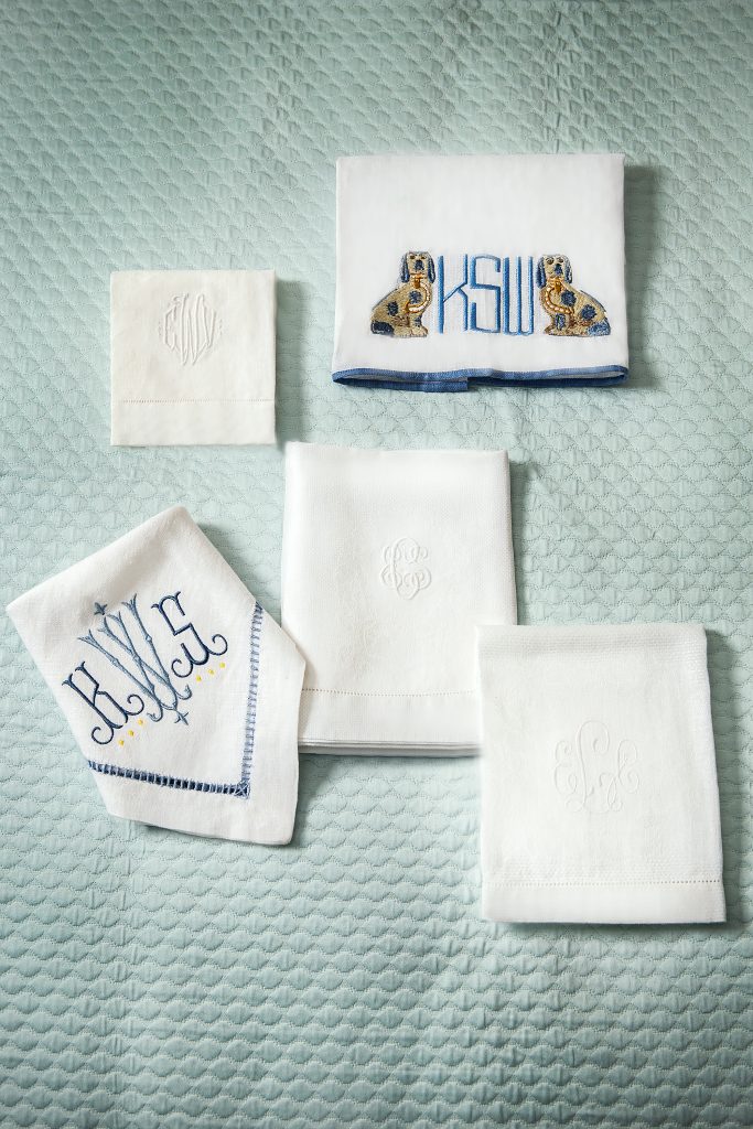 Personalizing linens, hand towels, and handkerchiefs makes special gifts that can become heirlooms for generations. Collection from personal sources and non(e)such. 