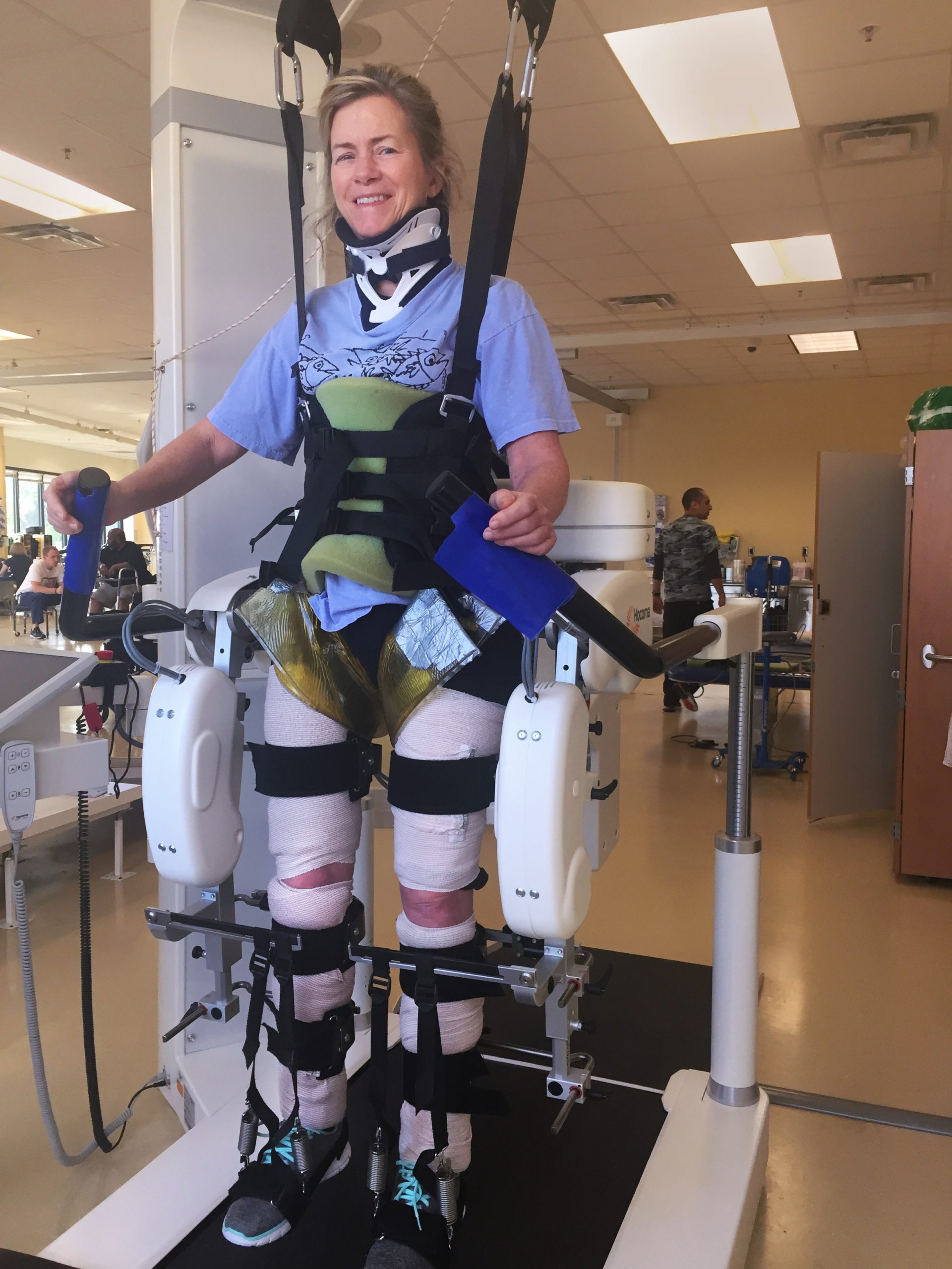 One of Ann’s first forms of therapy in May 2019 at the Shepherd Center was to work with the Robot approximately two times a week. It was a very emotional moment when she saw herself in a mirror upright for the first time since her accident. Being strapped in and slowly learning to move her limbs was the first step in retraining her muscles. 