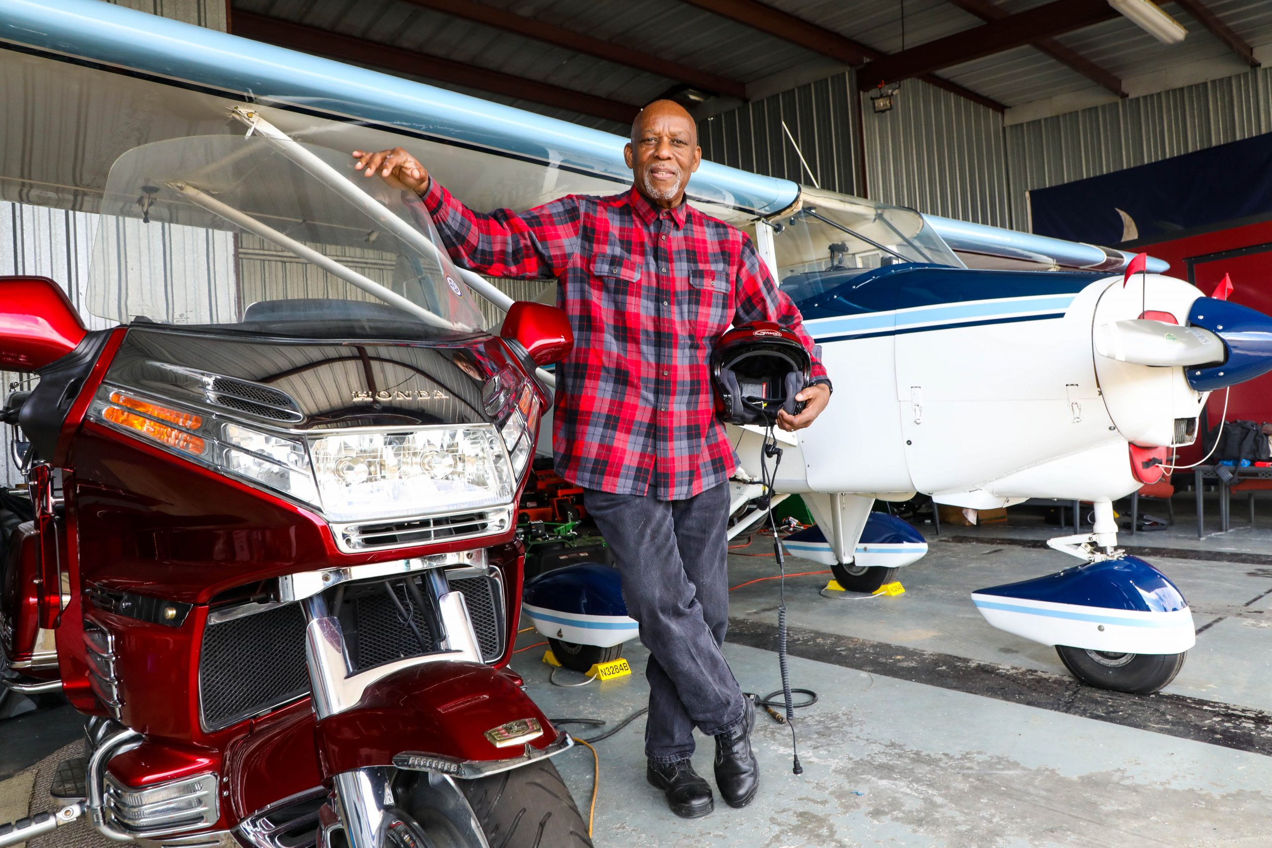 Opposite: Retired policeman Gary Glover of Blythewood has ridden motorcycles for more than 40 years. In addition to his Piper Tri-Pacer airplane, Gary also keeps his Honda Gold Wing in his hangar. 
