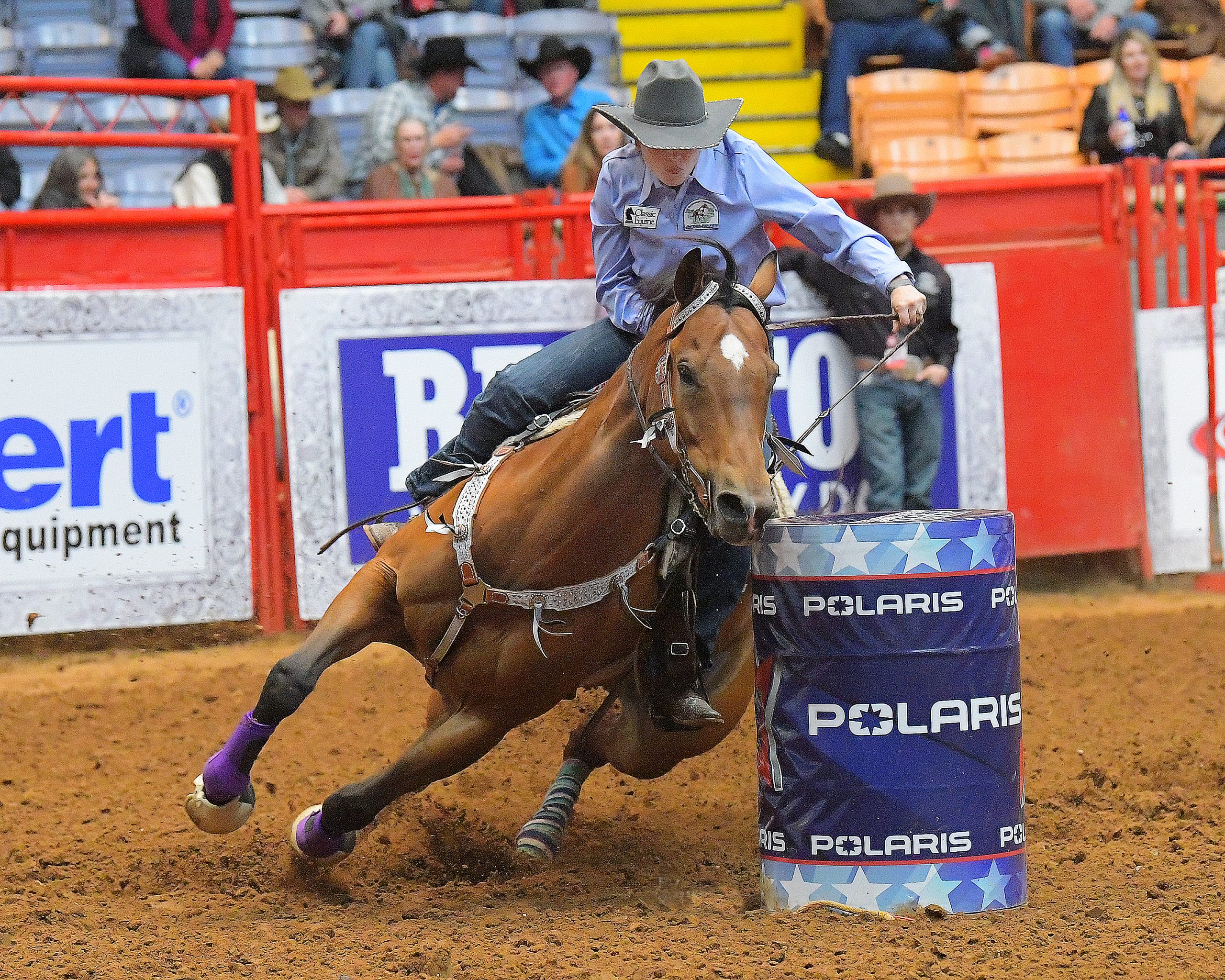 Leslie Willis riding Gimme Damoney at the North Side Coliseum Arena in Ft. Worth, Texas, qualifying to the top 30 barrel racers.