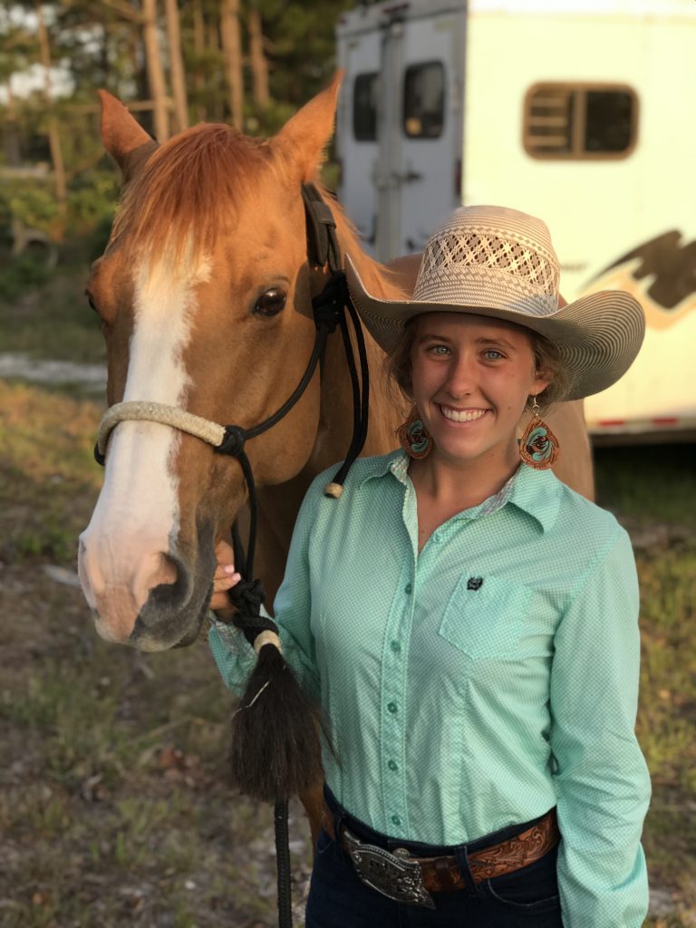 Kathryne Marion Copeland, 19, with her American quarter horse, Shiners Magic Peppy “Shiner.” Together they set an arena record in November 2019 when he won multiple jackpots. Shiner had more wins than Kathryne can remember, including winning the 2D championship at the SC NBHA State Show and the 2D average at the Da Bomb Can Jam. He also won the year-end 1D in the open and the youth for NBHA SC04. 