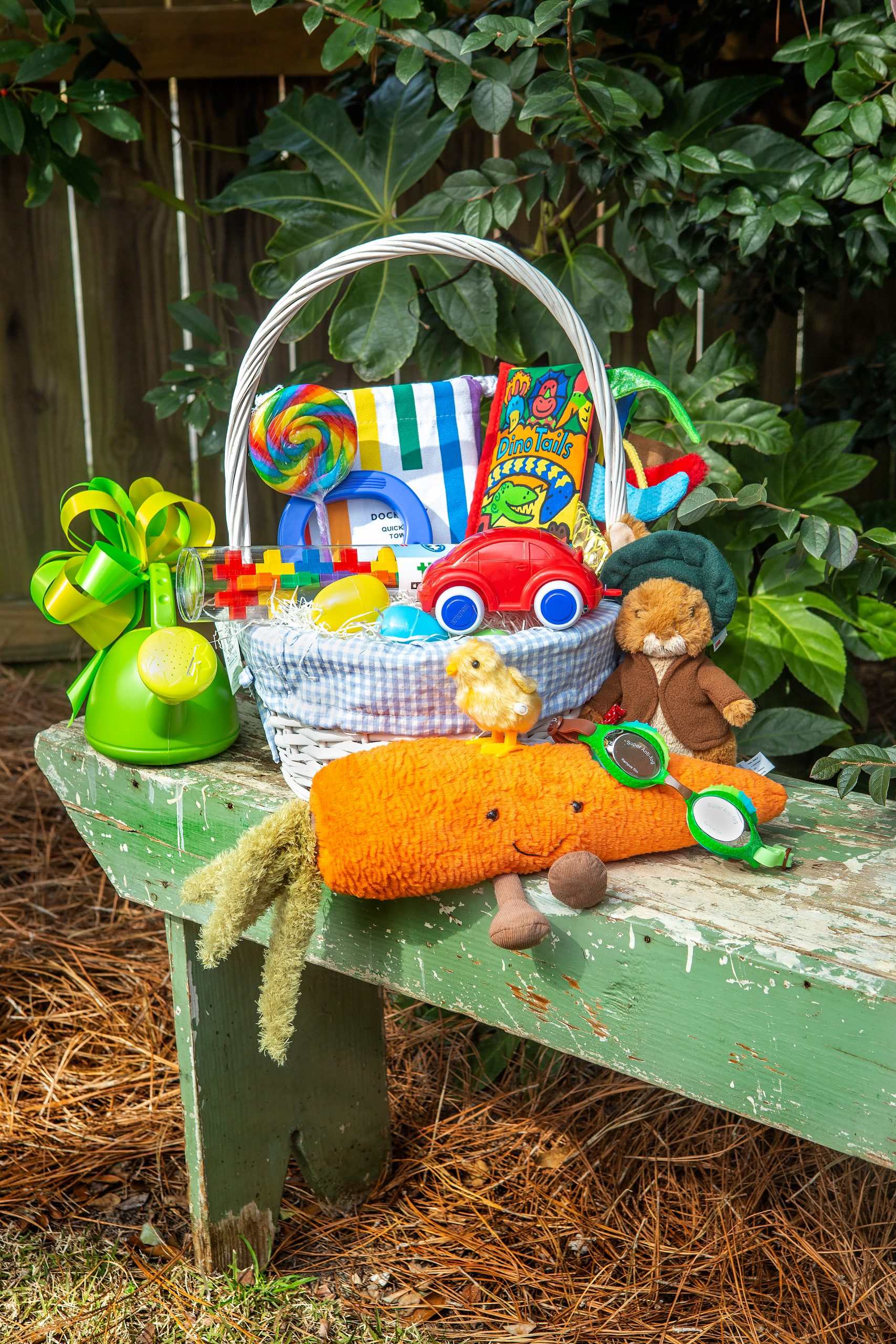 Perfect for a little boy, a basket from burton+BURTON, with blue gingham liner, filled with Plus Plus Big 15 pc. tube, Dock & Bay quick dry towel, “Dino Tails” activity book, and goggles: courtesy of Duck Duck Goose. Amuseable Carrot Jellycat, GUND Benjamin Bunny, Toysmith wind-up chick, watering can, Viking Toys red car, large blue magnet, and blue raspberry lollipop: courtesy of Be Beep.