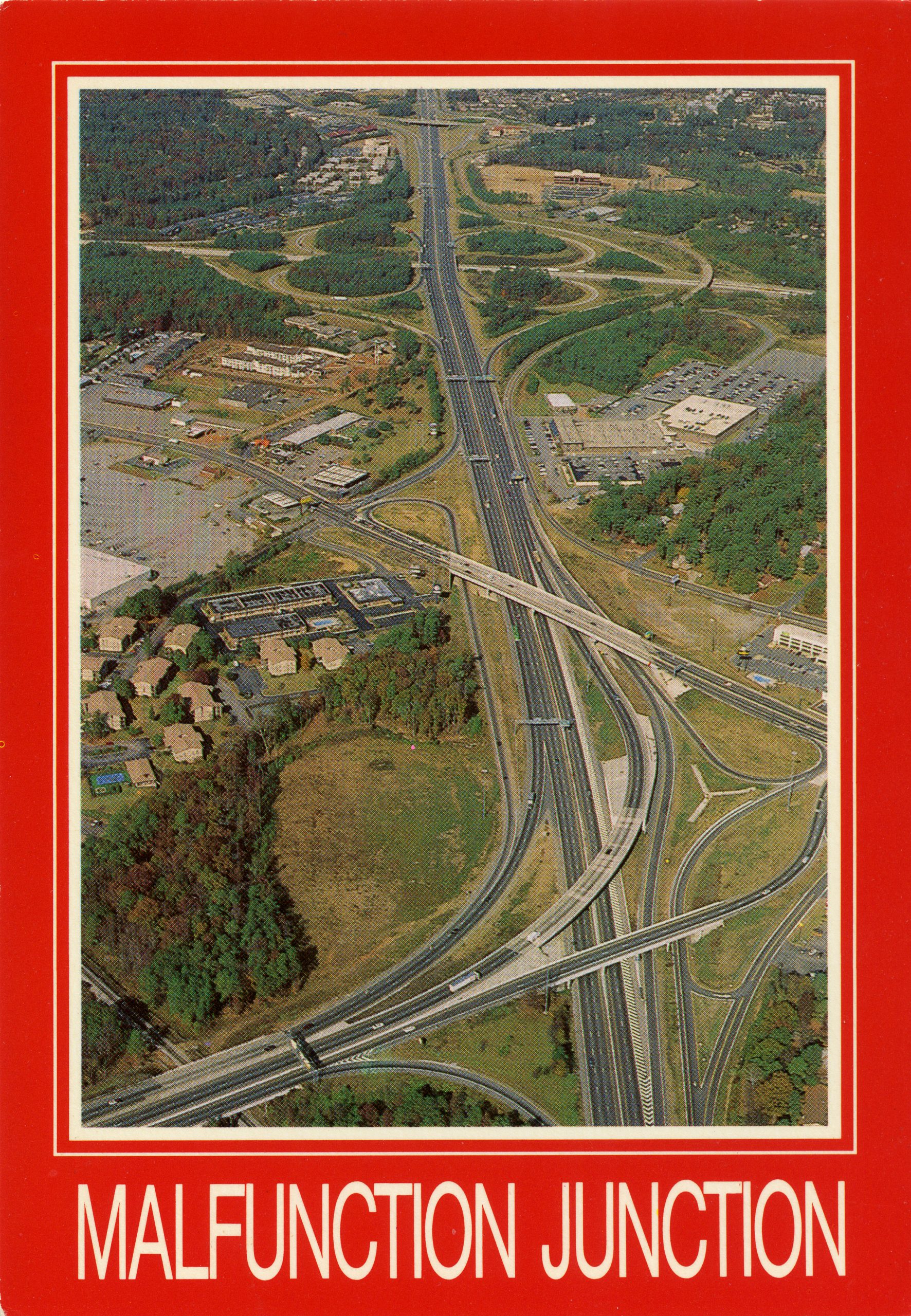 The back of this old postcard reads, “Infamous junction of three interstate highways, two nearby rivers, shopping centers, and other traffic obstacles make this the best known intersection in the state.” Why not write home about it?
