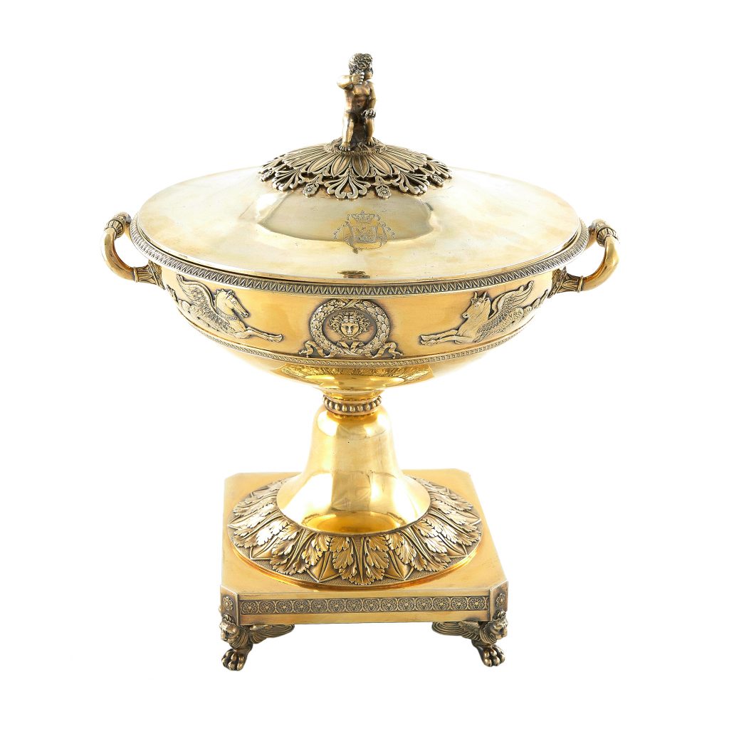 A French Empire silver-gilt soupière, from the Borghese service by Martin-Guillaume Biennais, Paris 1798-1819, after a design by Percier and Fontaine. Sold for $57,500. Provenance: Prince Camillo Borghese, who married Pauline Bonaparte, the sister of the Emperor Napoleon on Nov. 6, 1803.