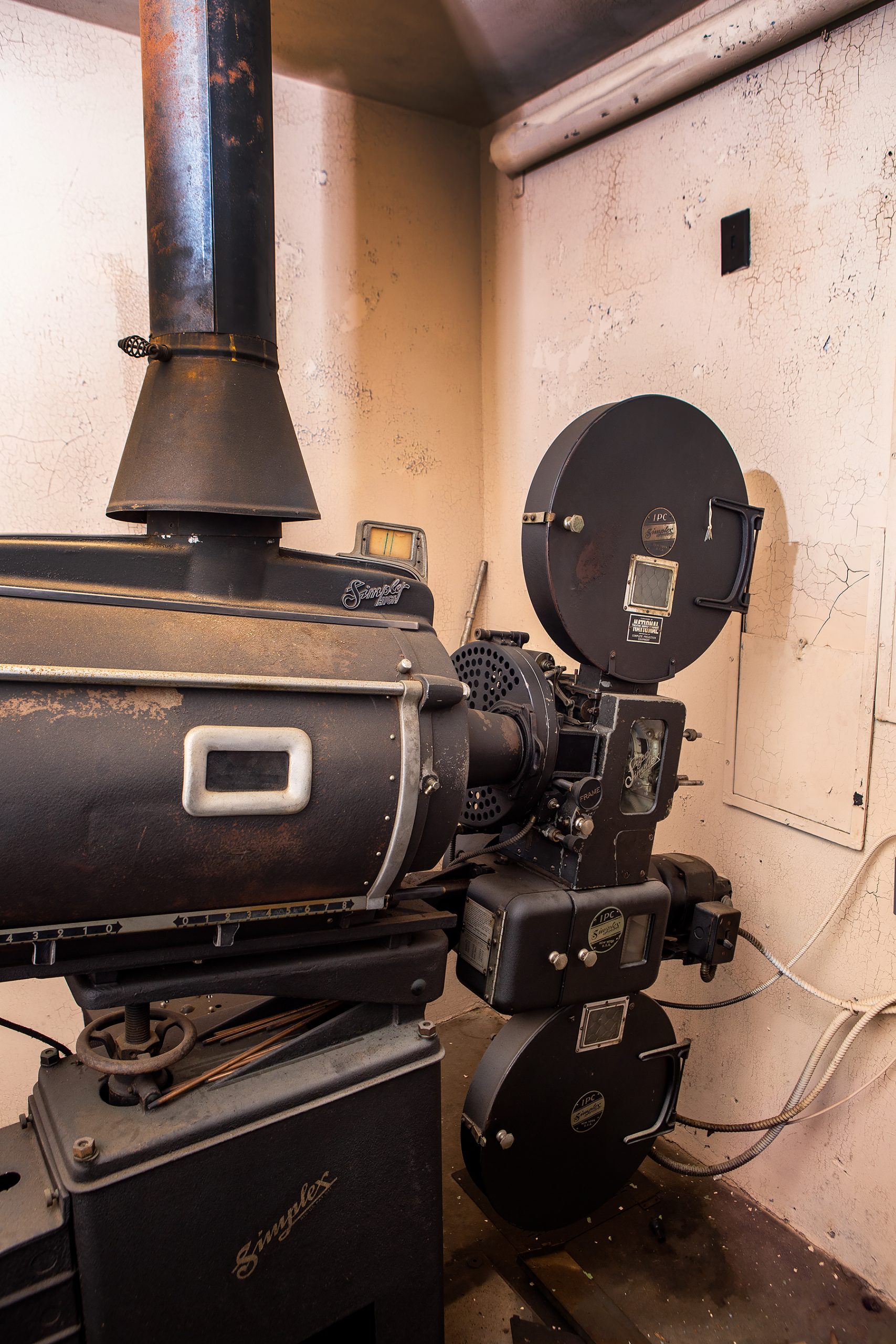 The balcony of the  Saluda Theater houses remnants of one of the rarest projection rooms in the state with twin industrial projectors. 