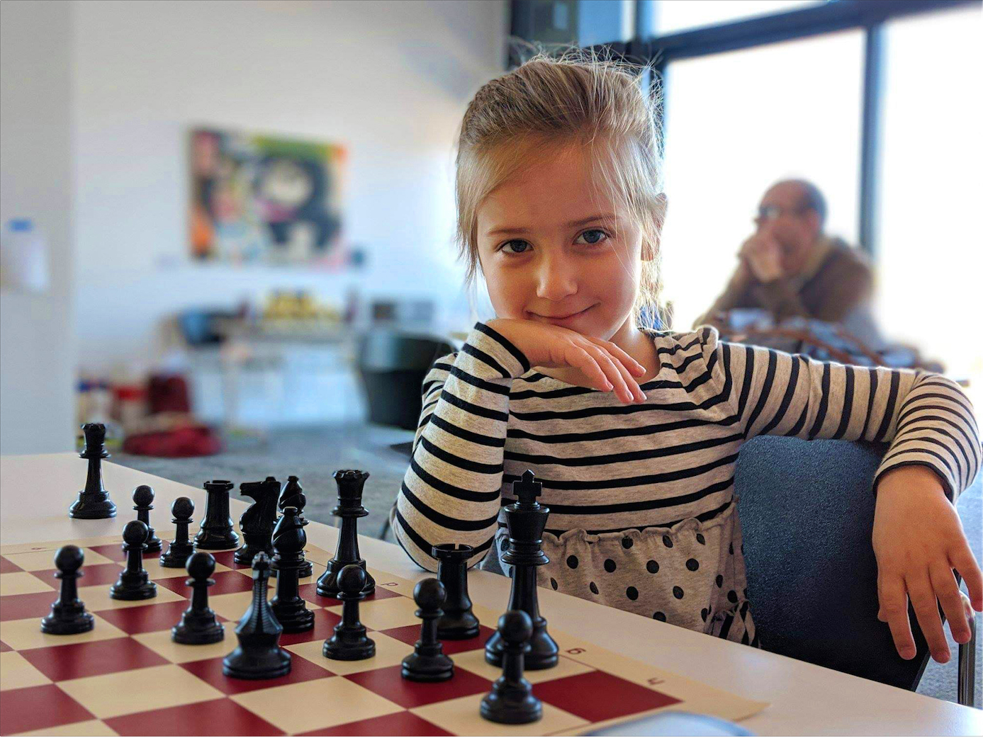 Charlie Jordan started playing chess at 3 years old and played her first championship at age 4. She was preschool state champion, kindergarten state champion, and at age 5 competed in the Midlands Girls’ Tournament in 2019, where she took third place. She loves chess because she wins! 