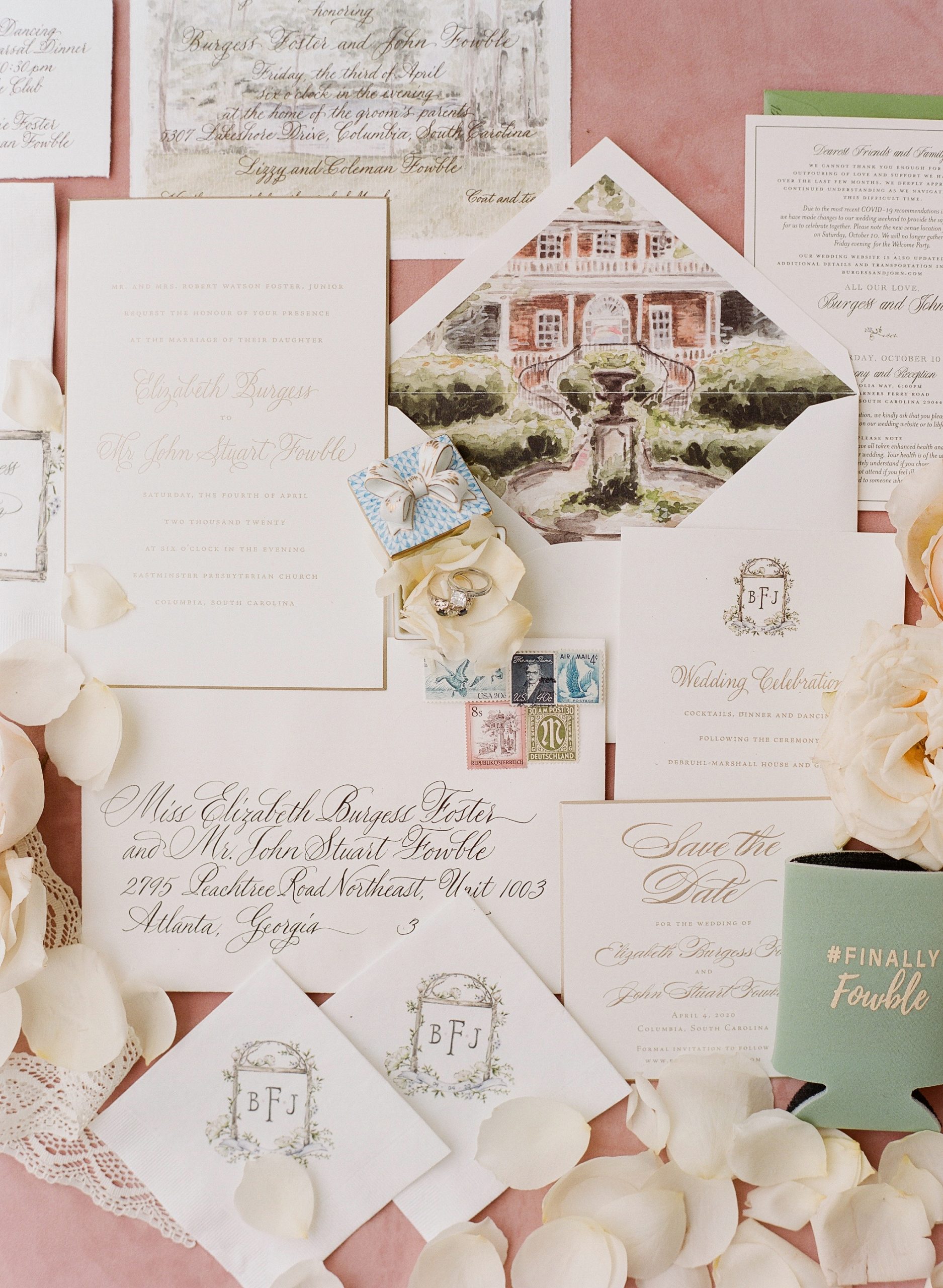  Burgess and her mother, Lib, worked with Martha F. Morris Custom Invitations and Stationery to design the elegant formal wedding invitations and with ByFarr Graphic Design, which created the change the date and COVID information cards.  
