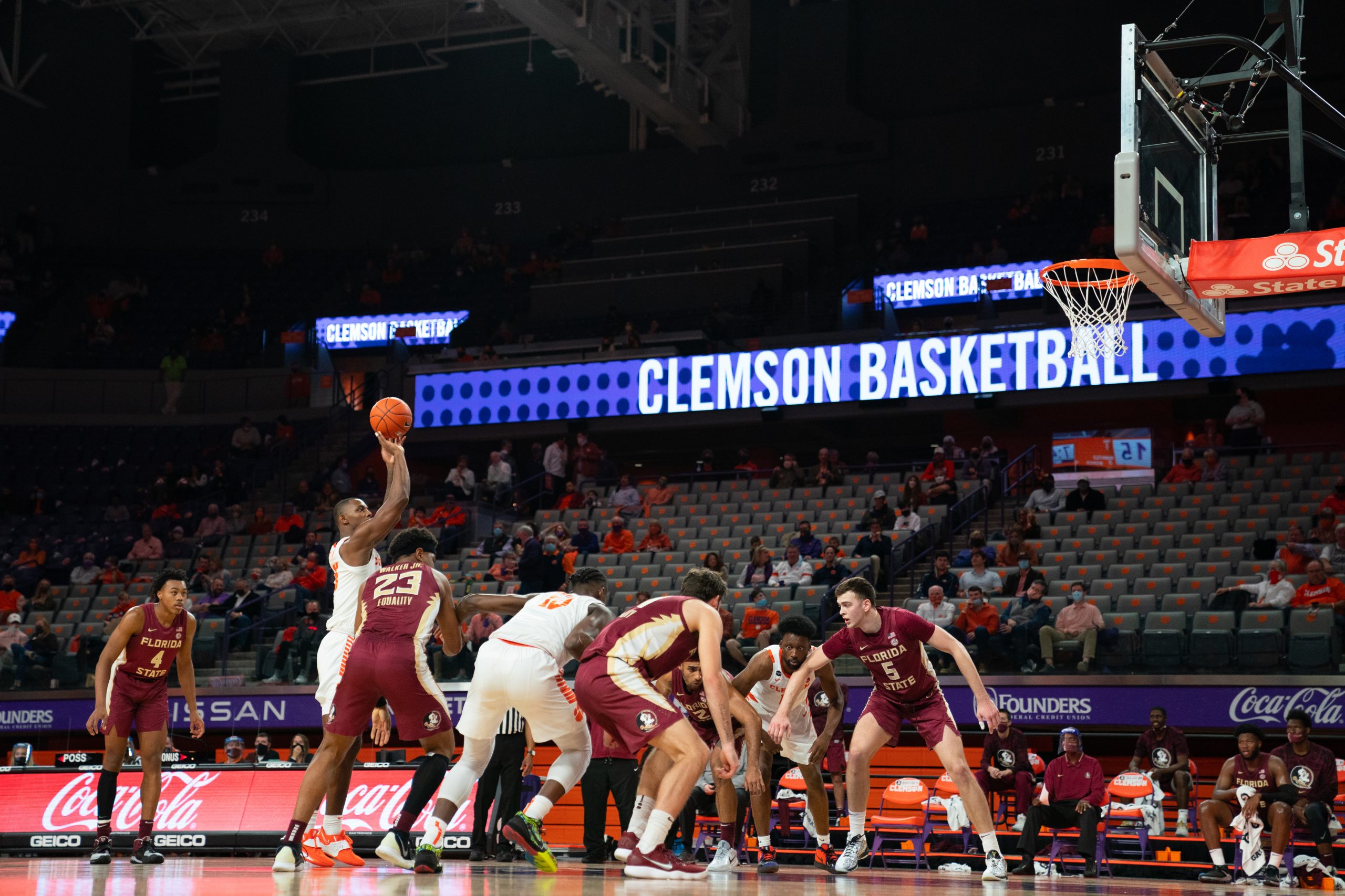 In the 2019 fiscal year, the Clemson Tigers’ total athletic revenues was $133.8 million and total expenses were $131.9 million. They are projecting full football capacity in the fall and therefore expect revenues to return to close to FY18-19 levels. Clemson basketball star Aamir Simms shoots a free throw on Dec. 29, 2020, against Florida State. Photography courtesy of David Platt, Clemson Athletics