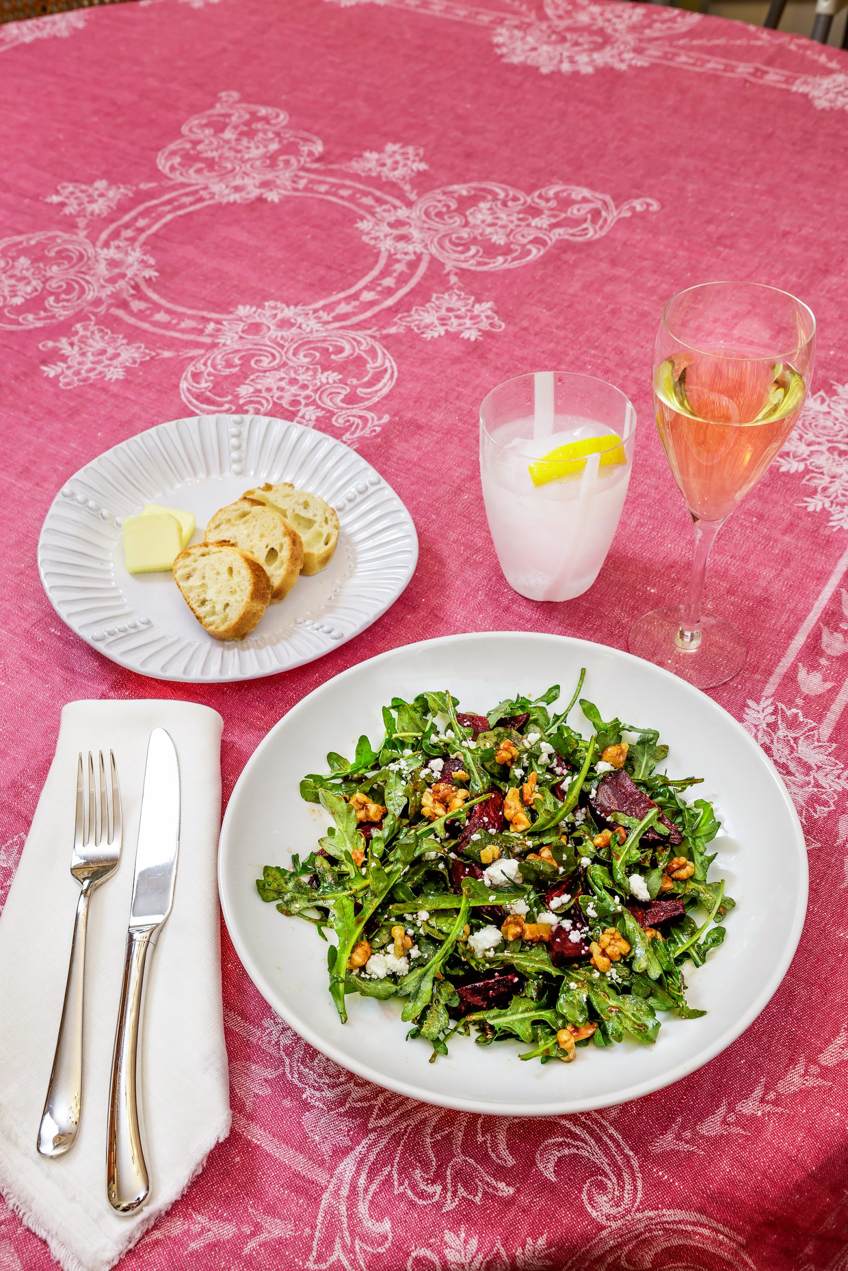 Roasted beets on arugula with crumbled goat cheese is a perfect salad combination. Try dressing it with balsamic vinegar, extra virgin olive oil, Dijon mustard, and garlic powder. Linen Way Melody Tablecloth, Pillivuyt Shallow round bowl, Vietri Incanto Stripe American Dinner Plate, Vietri Incanto Stripe Salad Plate, Vietri Stripe Tumbler, Settimocielo Place Setting, courtesy of The Gourmet Shop.
