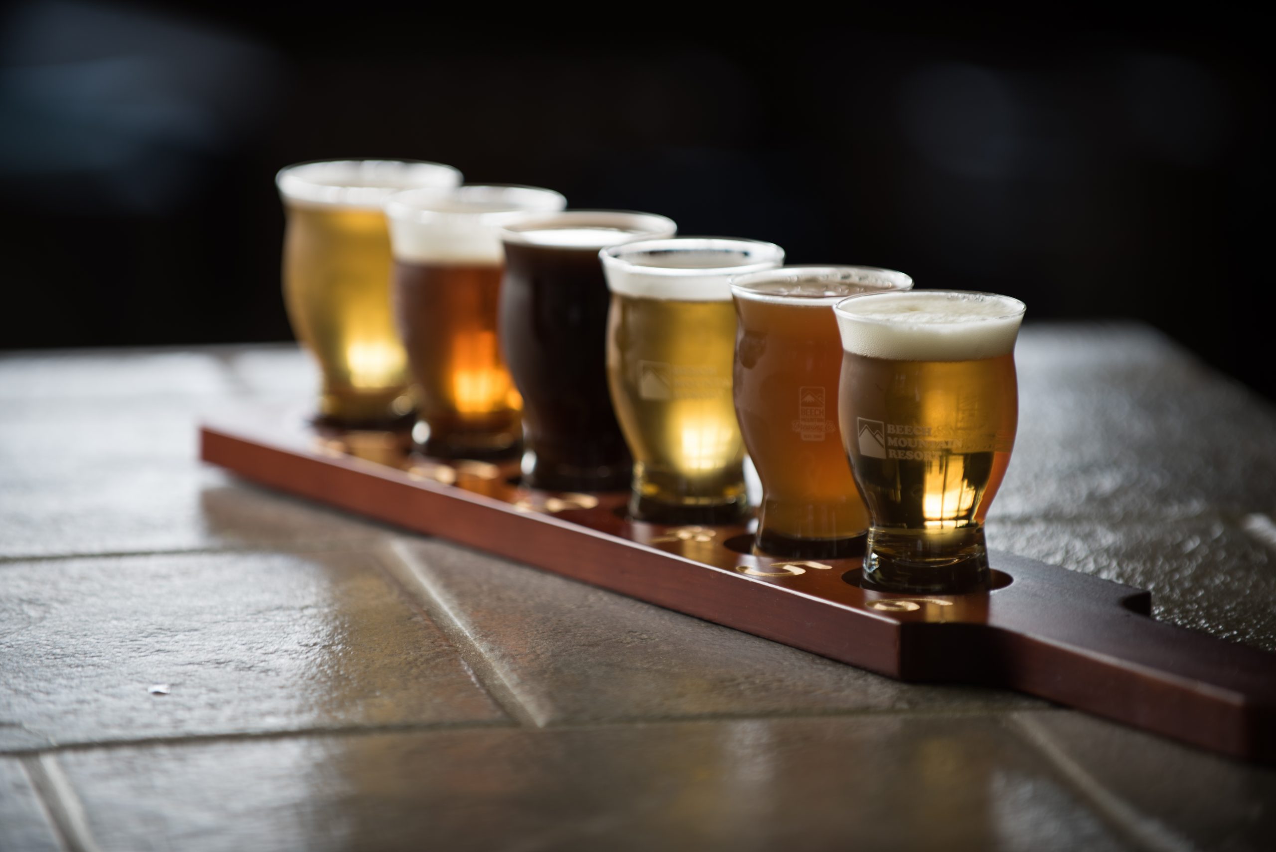 A beer flight at Beech Mountain Brewing Co. includes a variety of ales brewed on-site, ranging from dark Patroller Porter to the award-winning Beech Blonde.