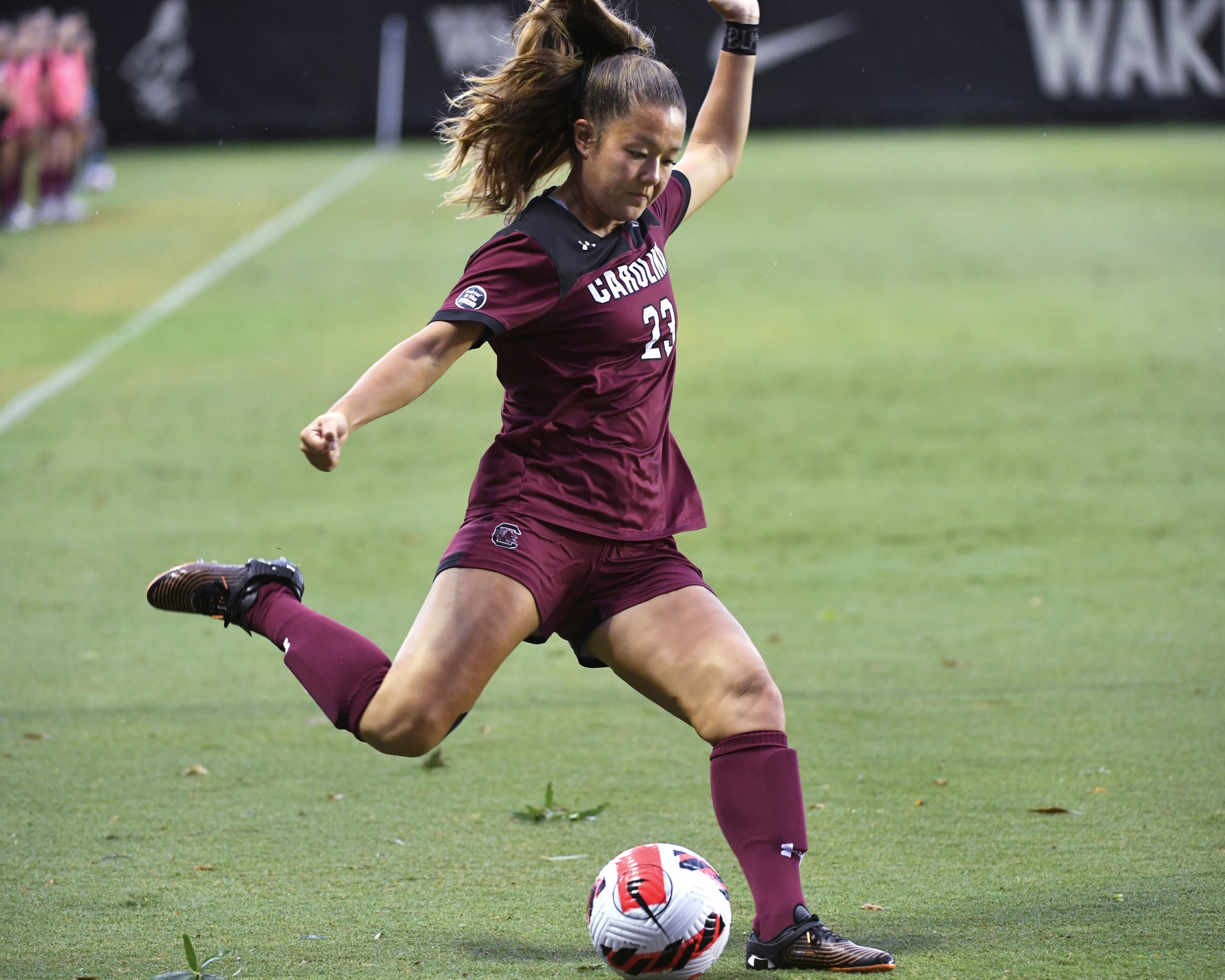 Samantha Chang looks to create an opportunity with a pass into the box. 
