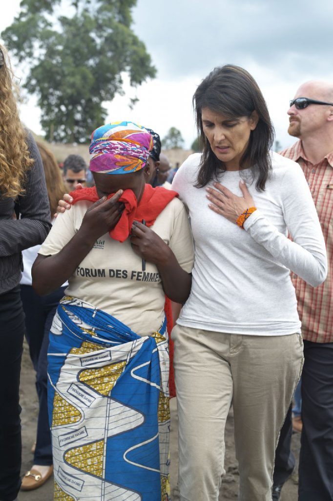 Ambassador Haley comforts a Congolese woman in a camp for people in the Democratic Republic of Congo who had to flee their homes due to ongoing violence. Goma, Democratic Republic of Congo, October 2017.