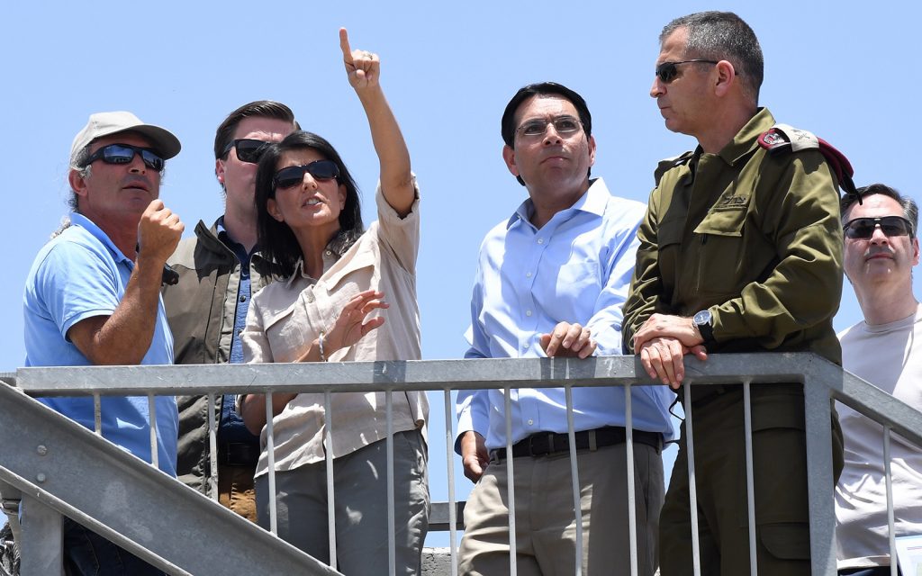 Ambassador Haley, Israeli Ambassador to the UN Danny Danon, and Deputy Chief of the General Staff of the Israeli Defense Forces Aviv Kochavi view a Gaza border crossing in Israel, June 2017.
