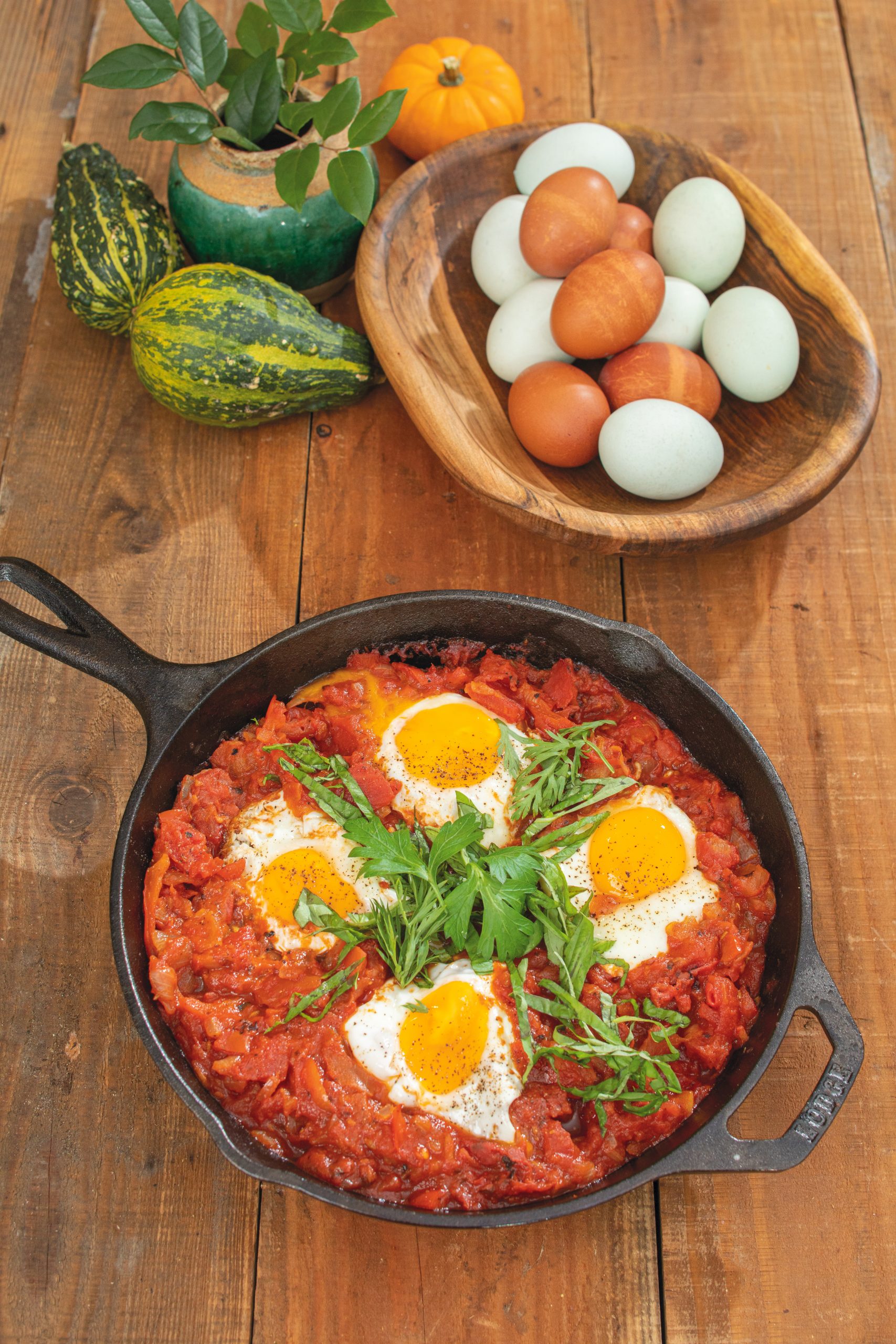 Shakshuka, which originated in the Maghreb countries of Northwest Africa, is a breakfast favorite throughout the Middle East. Make the sauce three or four days in advance and refrigerate. Reheat, and then poach eggs on the stovetop or in a hot oven. Maple oval bowl courtesy of Kudzu Bakery & Market.
