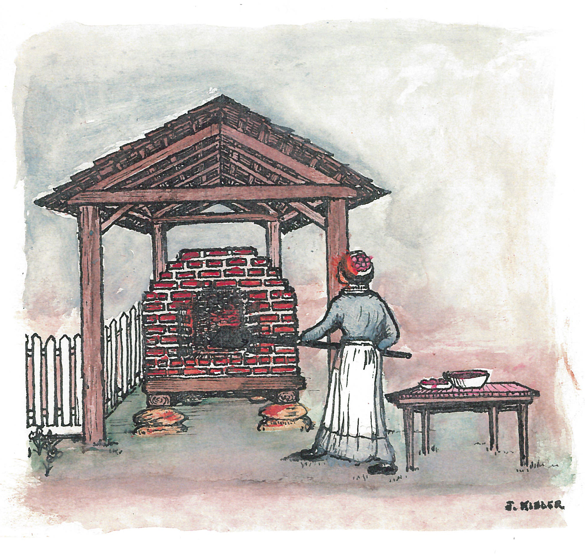 Baking the Christmas rice pudding at a brick-and-clay Dutch Fork bake oven. Illustrated by the author for Dutch Fork Cookery.