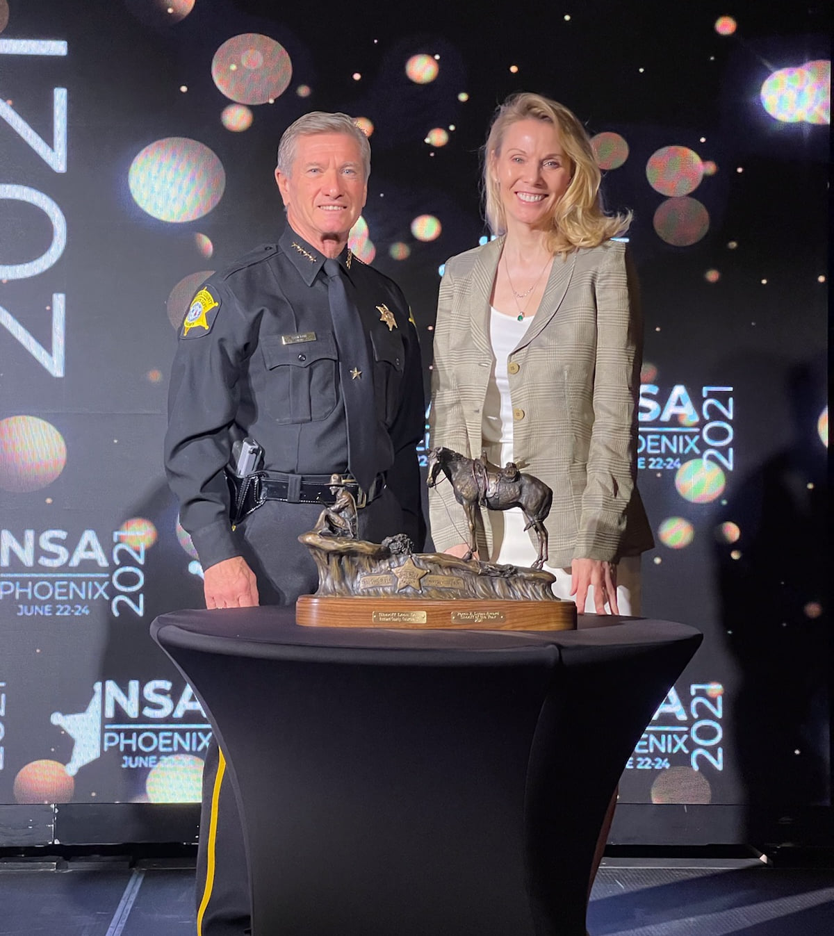 Sheriff Lott with Lisa Broderick, executive director of Police2Peace, following the 2021 National Sheriffs’ Association awards presentation on June 23 in Phoenix, Arizona, in which Lott was named National Sheriff of the Year. Photo courtesy of RCSD