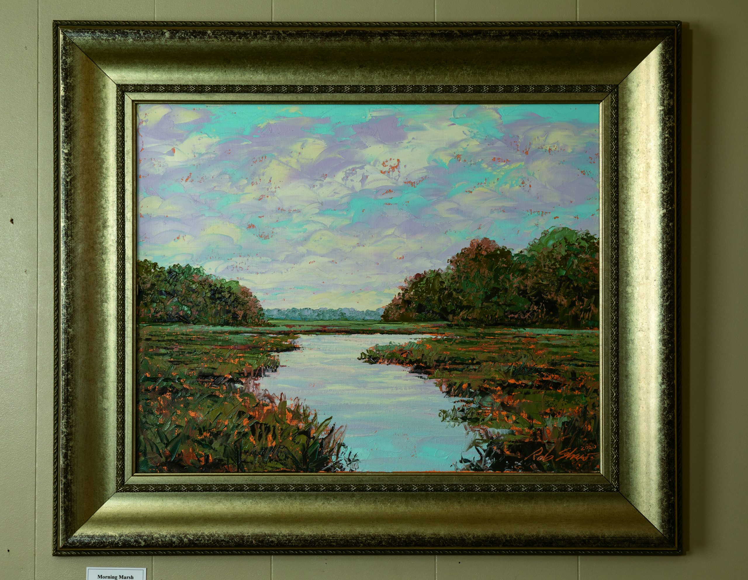 Rob Shaw painted Morning Marsh in 2020 while visiting Harbor Island, near Beaufort. The morning light in the Lowcountry was his inspiration for this oil on canvas.