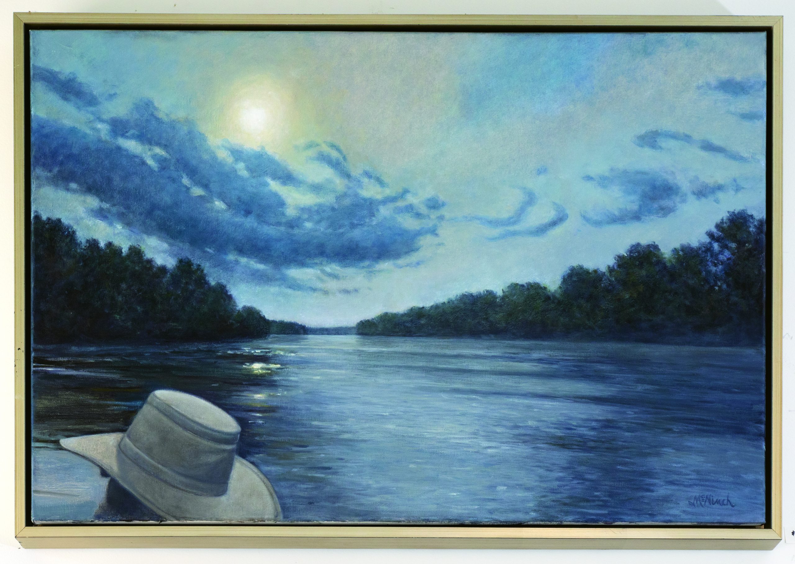 Michel McNinch says that her art inspiration comes from her love story with her husband, Robert. Robert has always encouraged her, going to such lengths that he sold his electric guitar to buy Michel her first easel. He is pictured here in his hat in Congaree River Rider. 