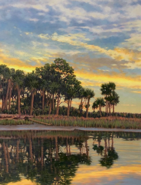 Michael has lived in the South for most of his life and has been inspired by coastal waterways. He explores the interconnections where land and water meet. In the studio, he has discovered that a sense of calm often transcends the painting process when water is incorporated into the composition. Lagoon at Dusk