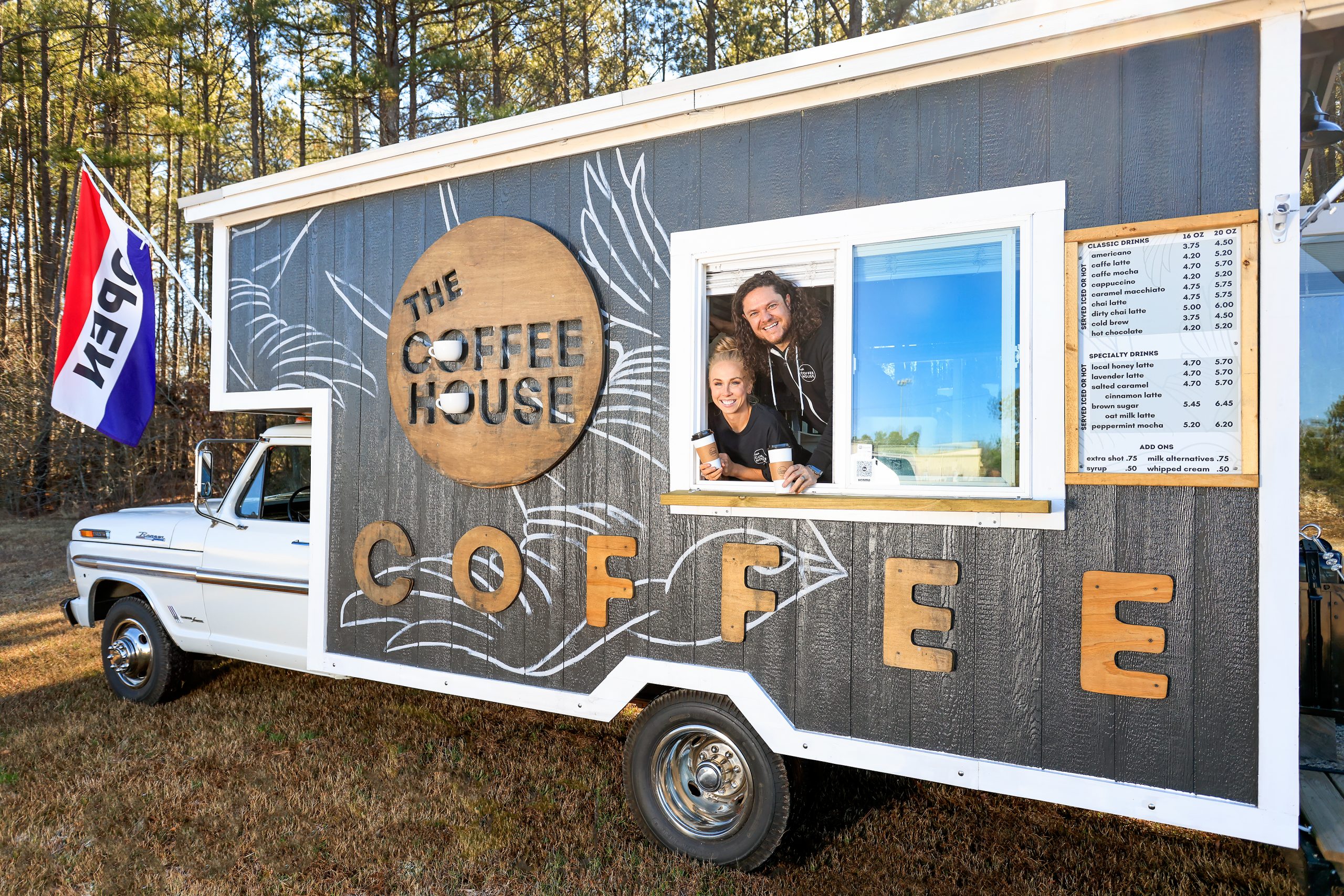 When Kristen and Philip sold their California home, they drove east to South Carolina in a tiny house built on the back of a flatbed truck. The house, renovated by Philip, is now a thriving business. The Coffee House Truck is parked at Heritage Field Farms every weekday morning, giving the Oswalds opportunities to forge friendships and connect with the community. 