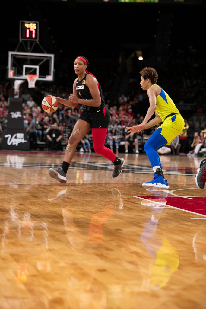 She currently plays forward for the Las Vegas Aces, and she was awarded the WNBA’s 2020 MVP.  Photography courtesy of Kris Lumague/Las Vegas Aces
